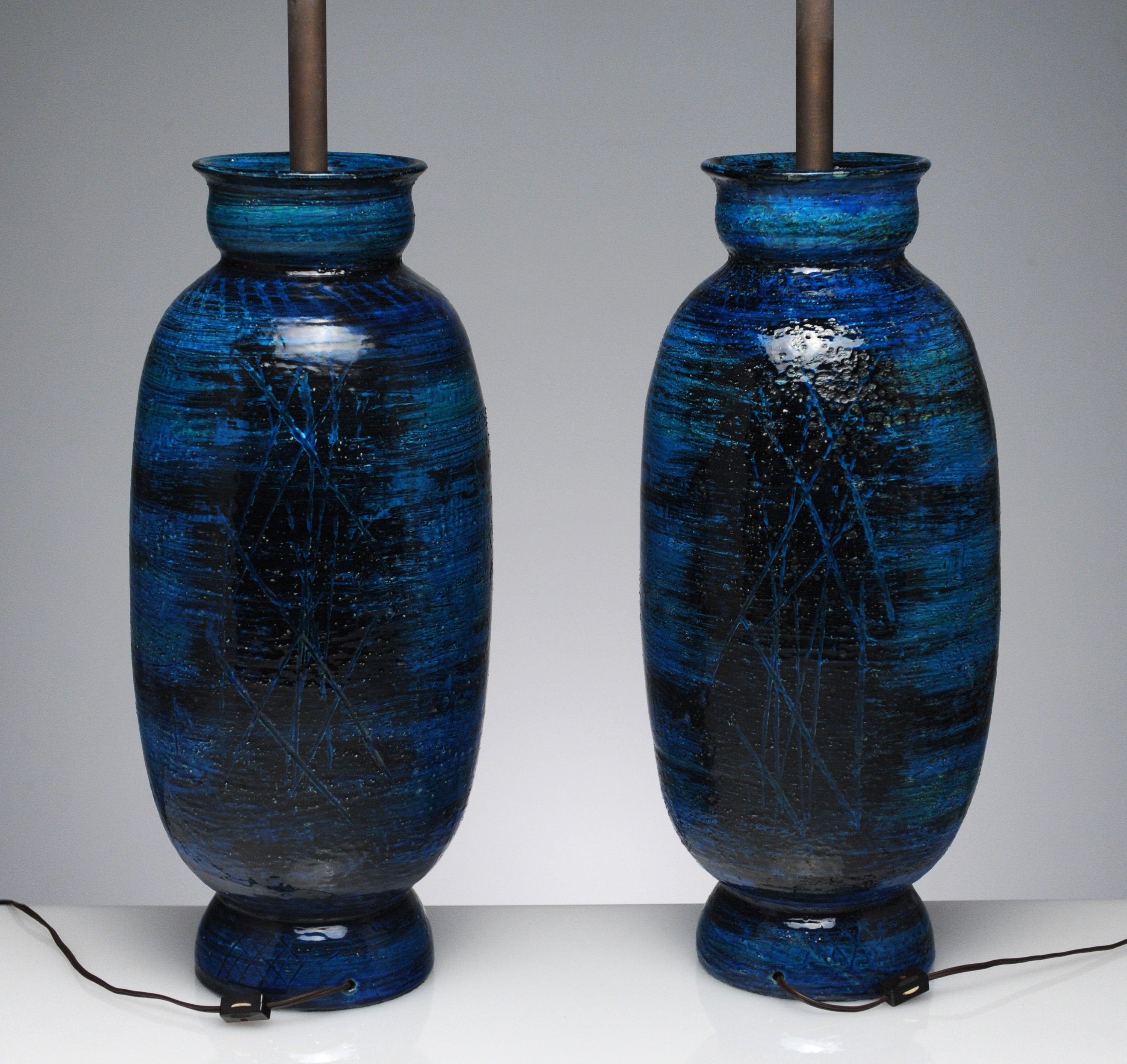 Brass Large Ceramic Pair Rimini Blue Table Lamps by Aldo Londi for Bitossi, Italy