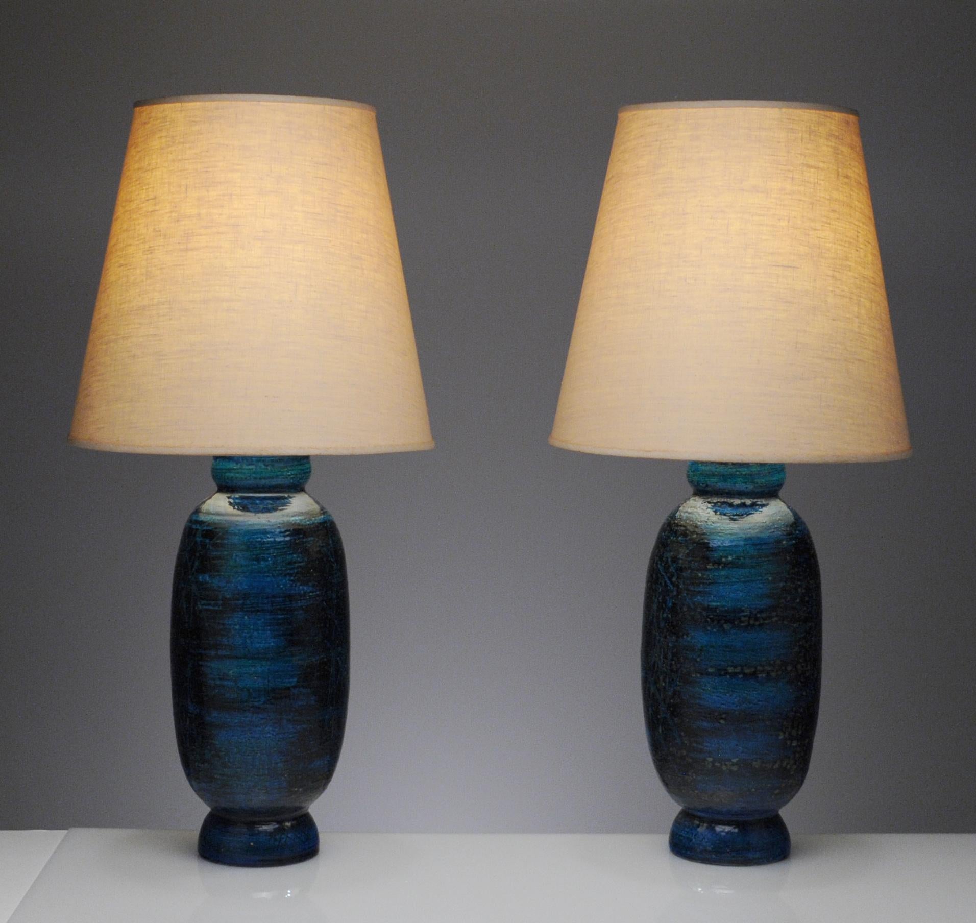 Large Ceramic Pair Rimini Blue Table Lamps by Aldo Londi for Bitossi, Italy 1