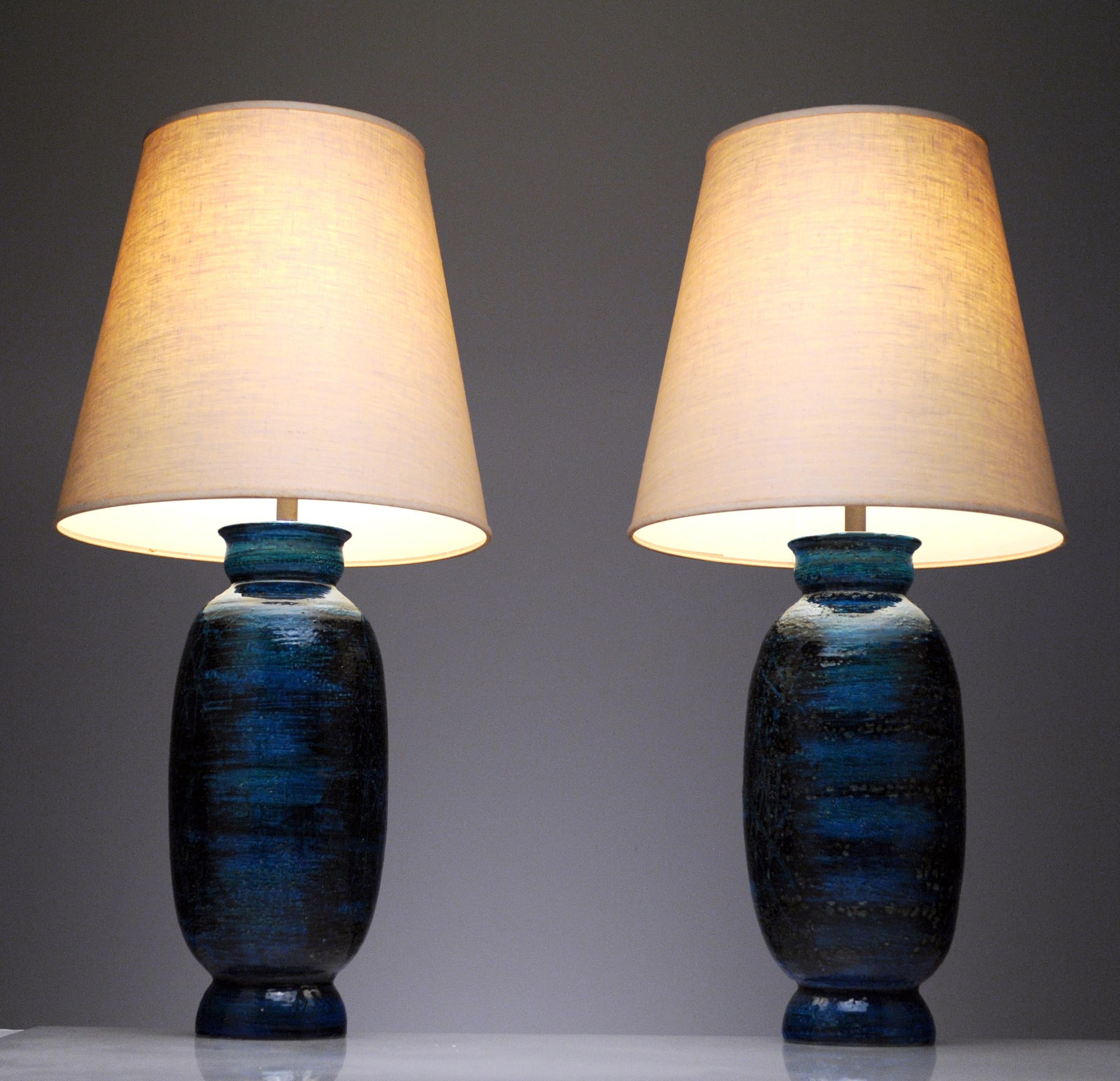Large Ceramic Pair Rimini Blue Table Lamps by Aldo Londi for Bitossi, Italy 2