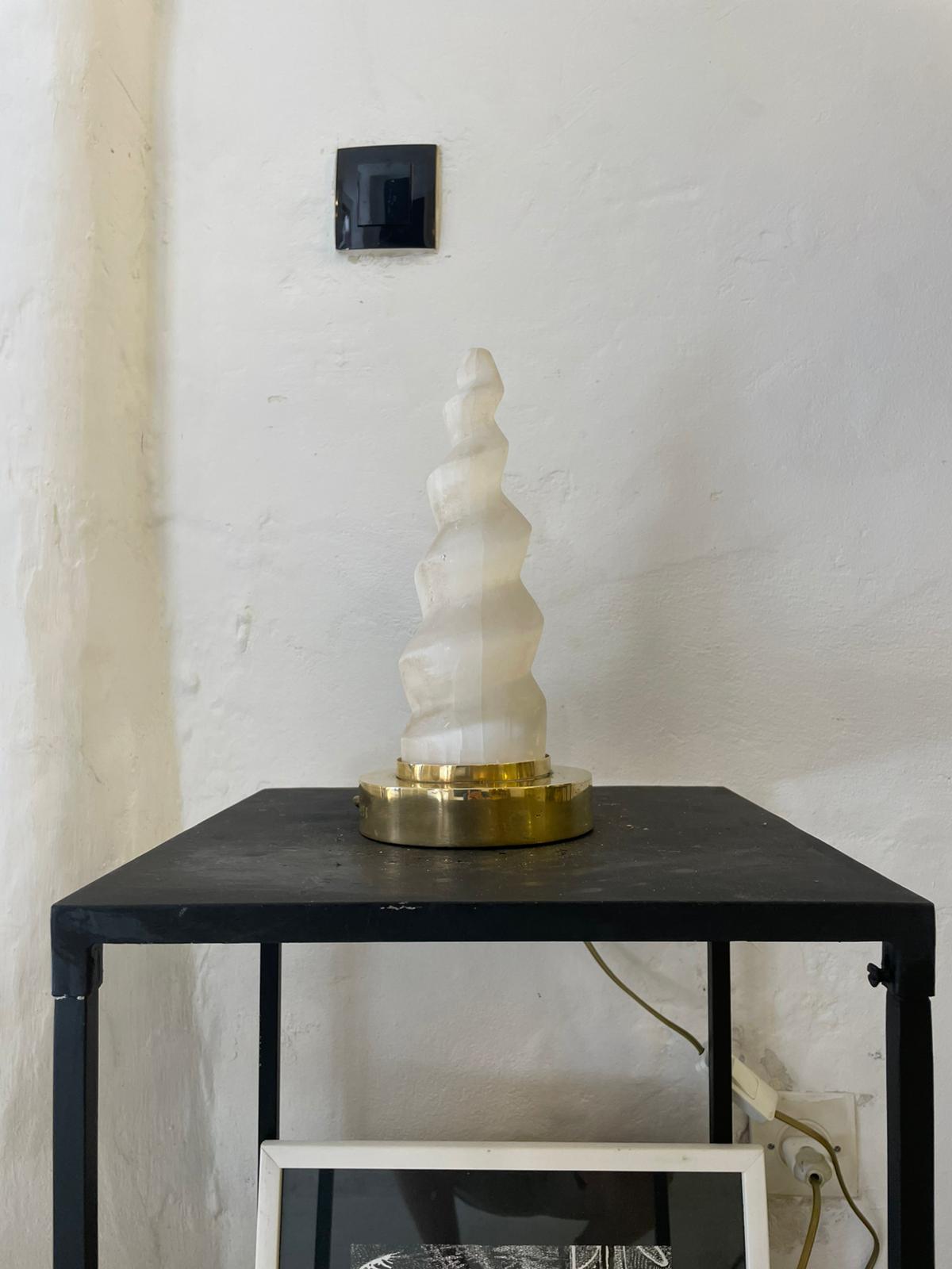 This stunning lamp features a beautifully hand-carved selenite crystal shaped into an elegant, spiralling form that evokes natural movement and flow. Set atop a polished brass base with clean, understated lines, the lamp merges earthy elegance with