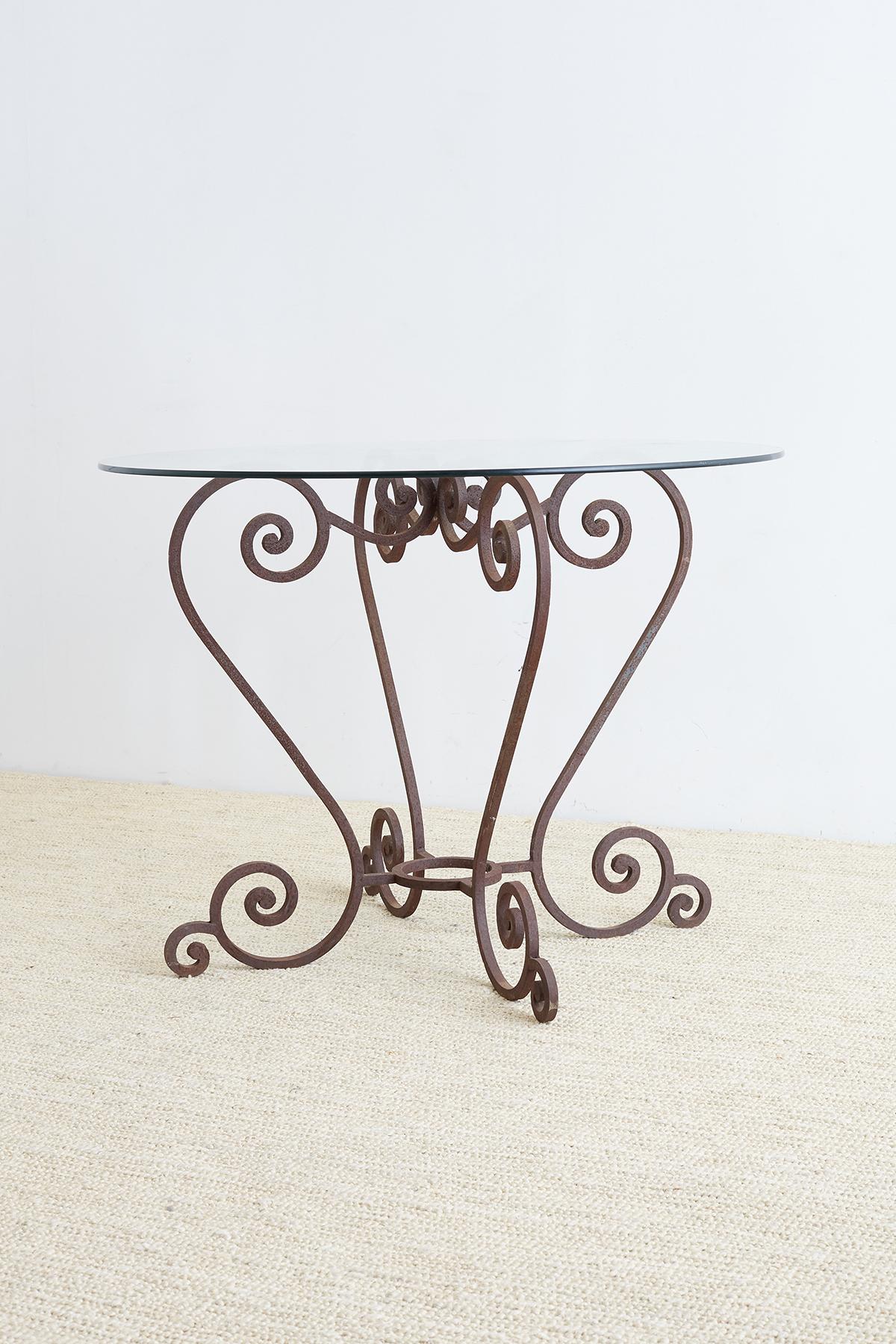 Hollywood Regency Scrolled Wrought Iron Breakfast or Patio Garden Table For Sale