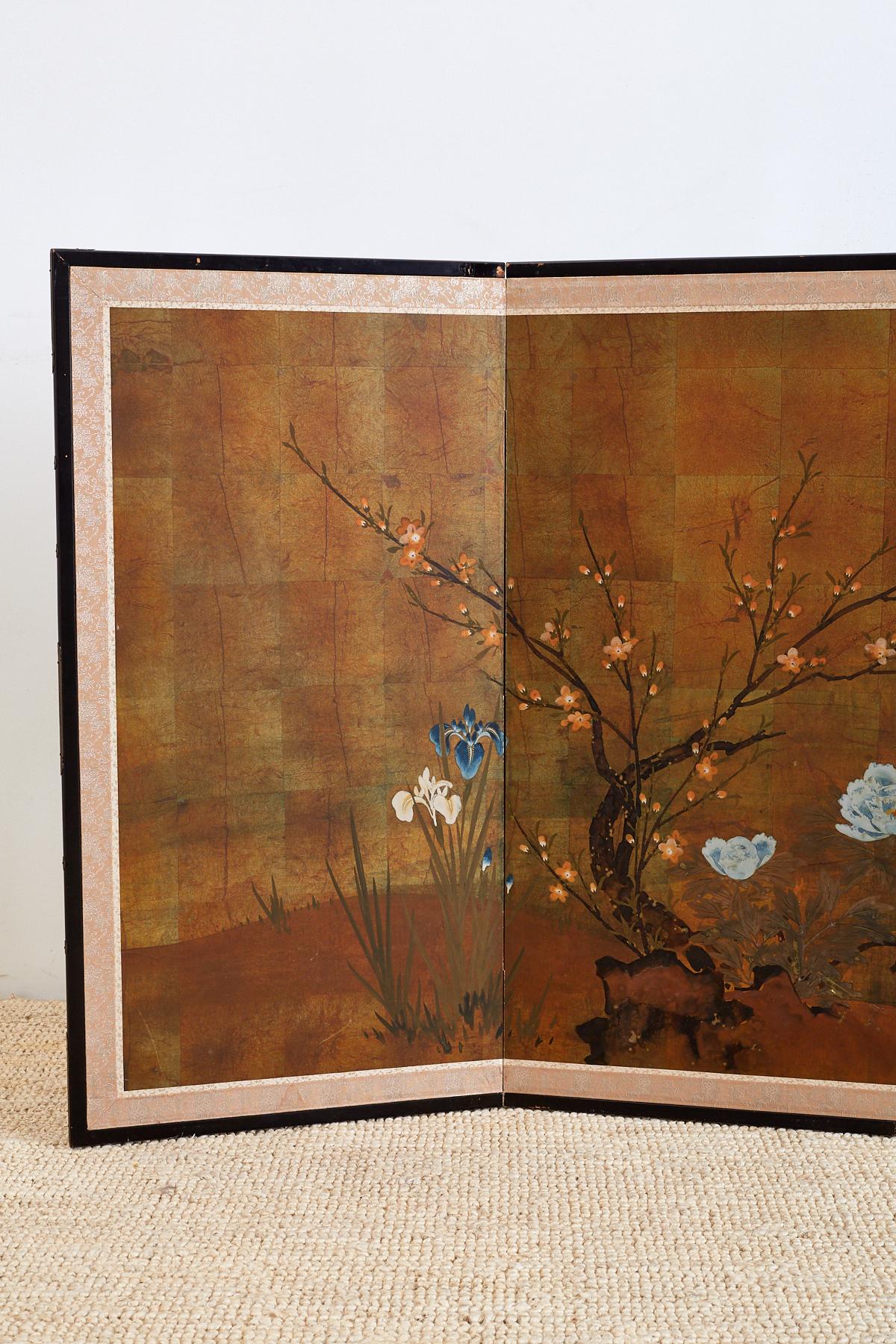 Showa Japanese Four-Panel Screen of Ducks and Flowers