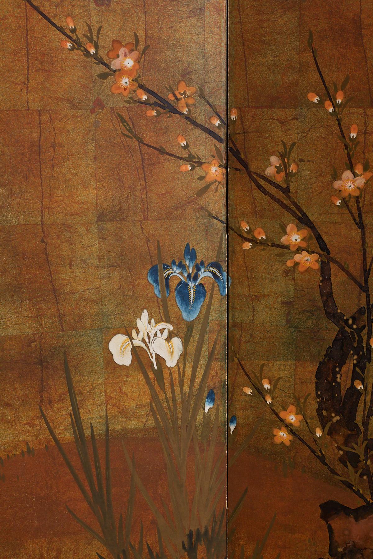Japanese Four-Panel Screen of Ducks and Flowers In Good Condition In Rio Vista, CA