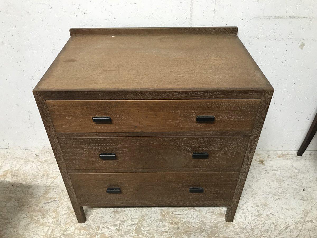 Heals Attributed a Limed Oak Petite Chest of Three Drawers with Ebonized Handles (Arts and Crafts)
