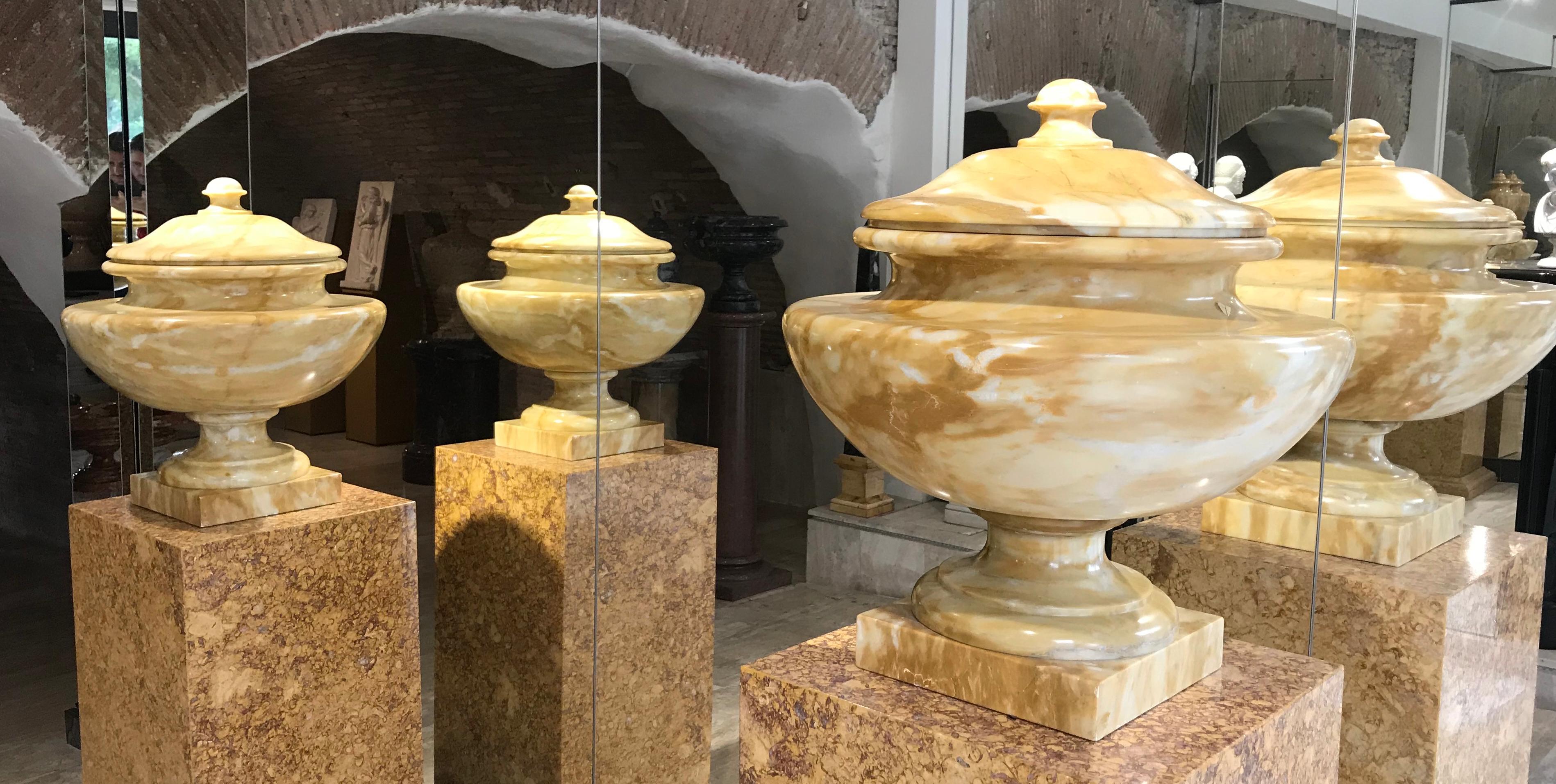 Siena Marble Neoclassical Italian Tuscany Marble Siena Yellow Pair of Urns For Sale