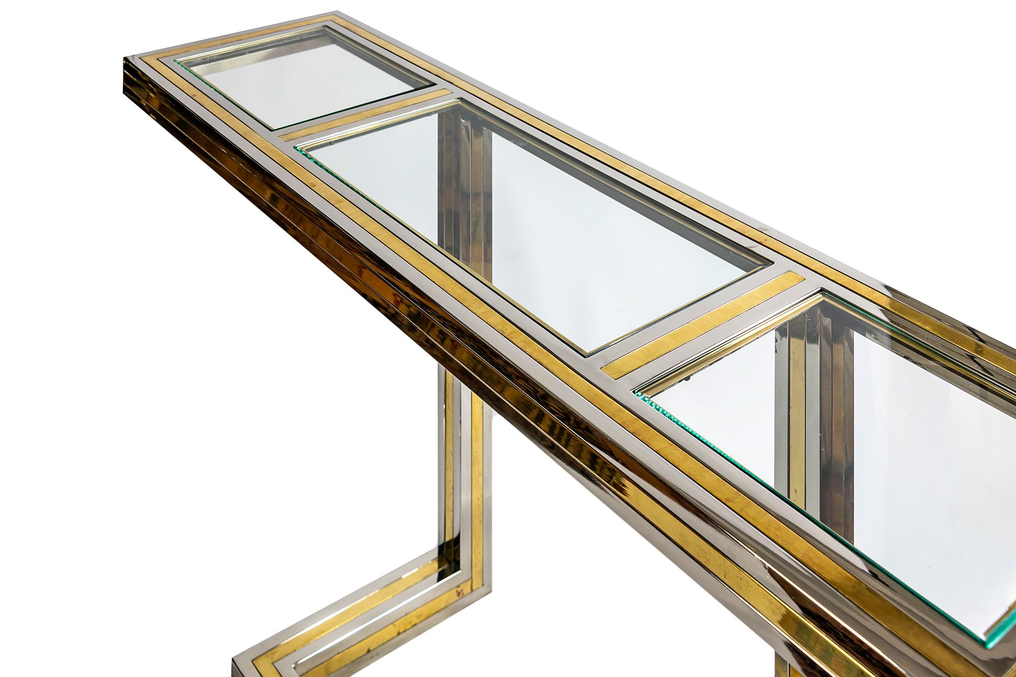 Midcentury Italian Brass, Chrome and Glass top Console Table by Romeo Rega For Sale 1