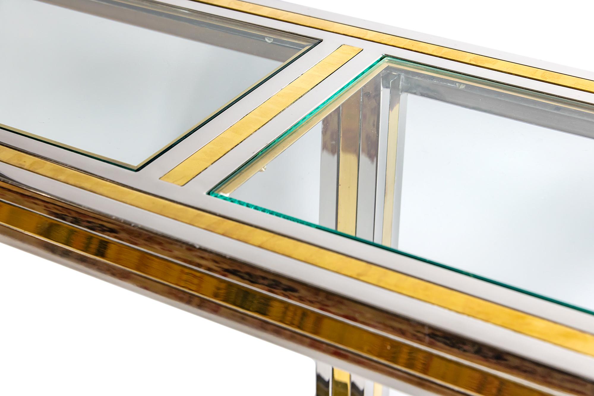 Midcentury Italian Brass, Chrome and Glass top Console Table by Romeo Rega In Good Condition For Sale In Vilnius, LT
