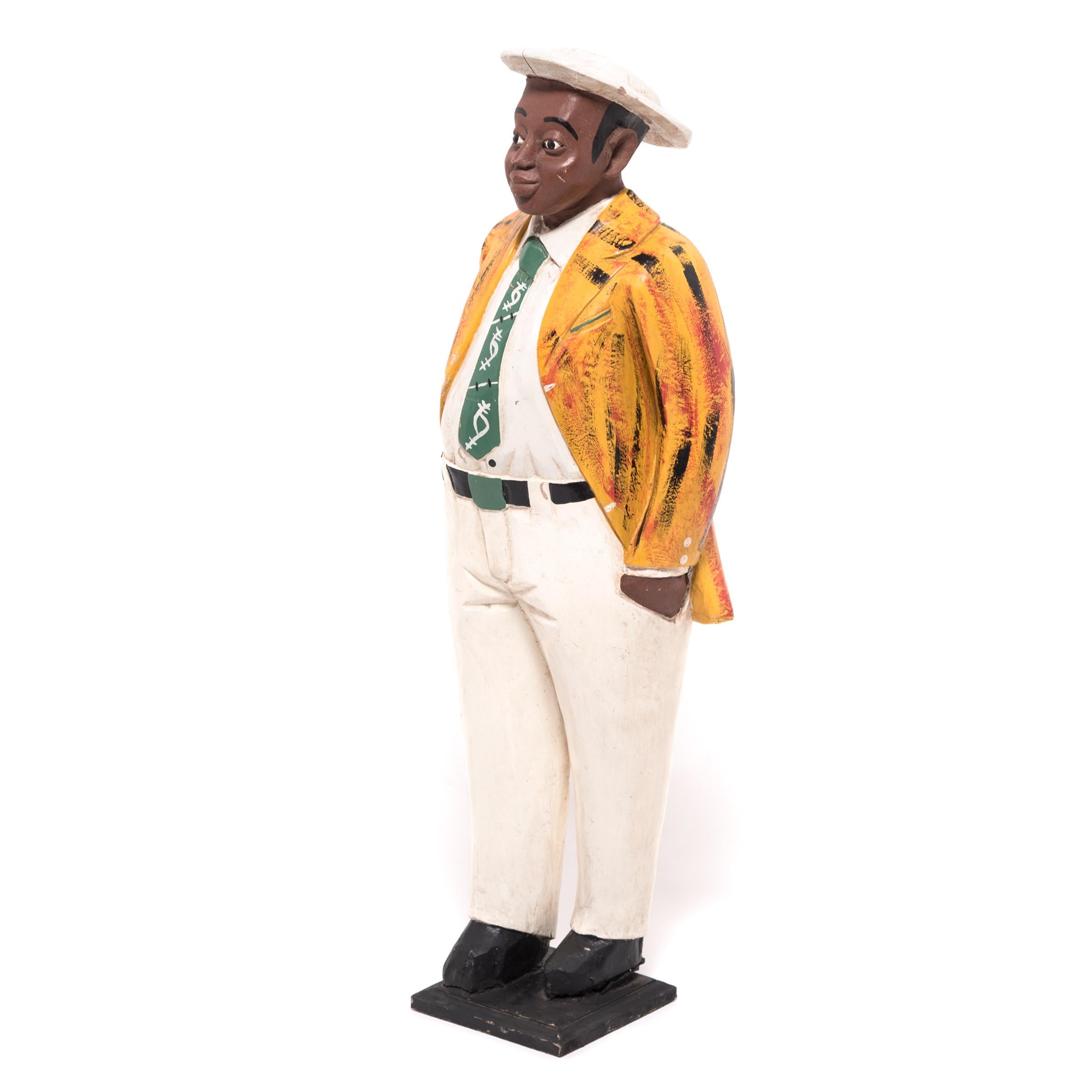 The hats, clothes, and exaggerated features mark this Baule figure as a colonial satire. At the height of European colonization, many African craftspeople made figures that called out the oppressive cultural impositions Europeans brought with them.