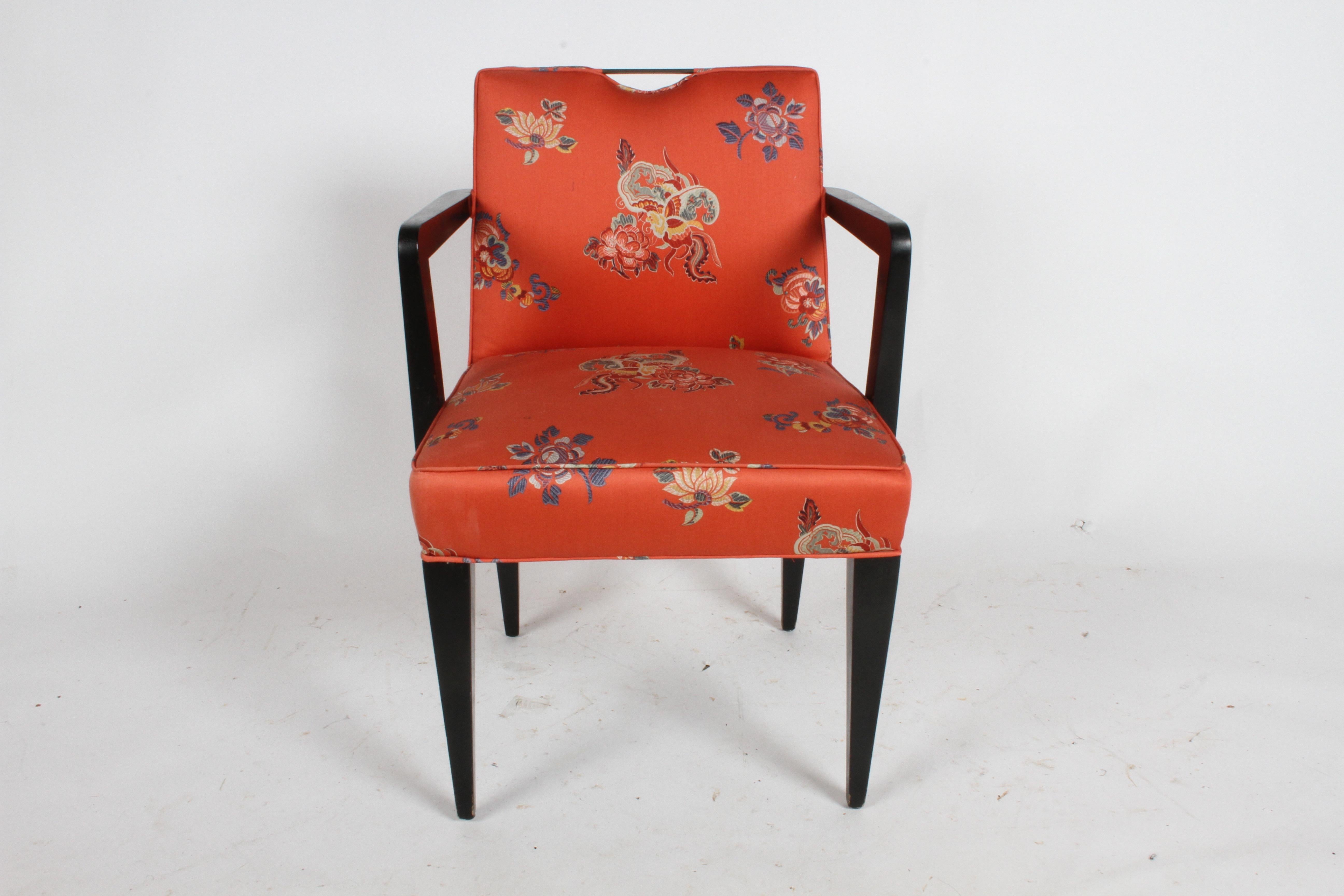 Edward J. Wormley for Dunbar desk or dining chair with tapered legs and brass handle or handhold, circa 1950s. Shown in all original condition with vintage Asian style fabric, has minor stains, wood legs and arms show age. From one owner estate.
