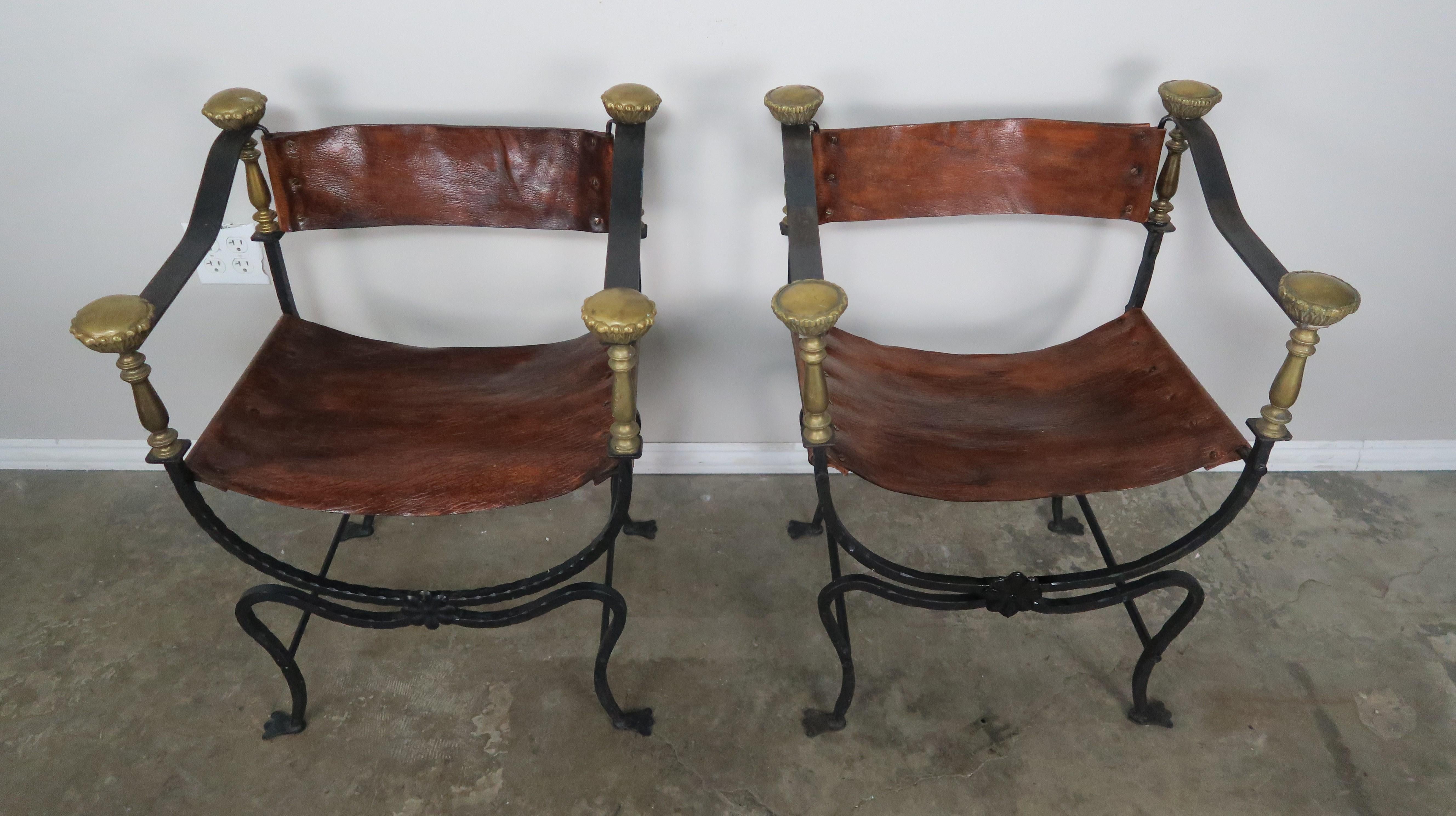 Baroque Pair of Bronze Wrought Iron and Leather Chairs