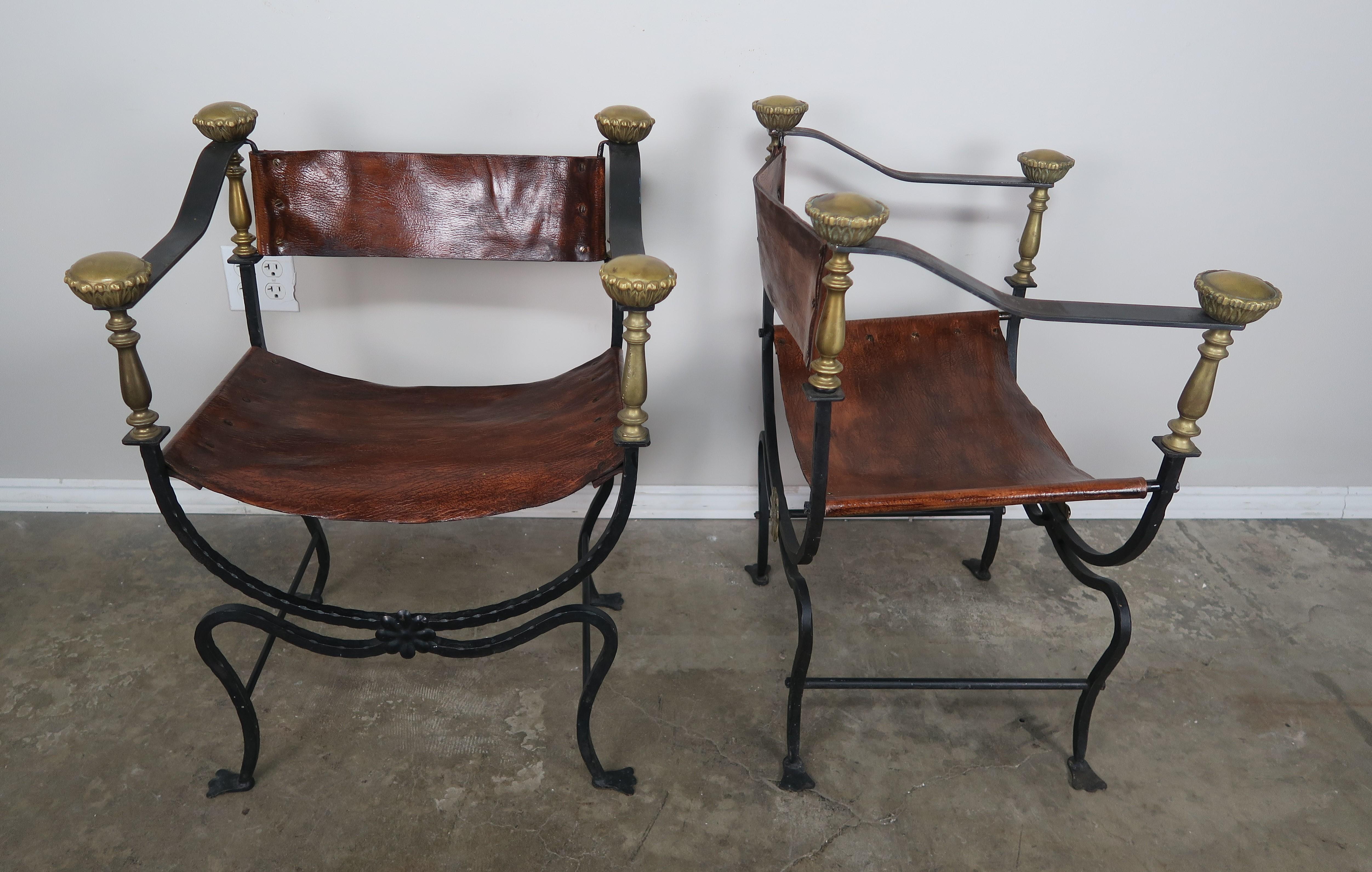 Spanish Pair of Bronze Wrought Iron and Leather Chairs
