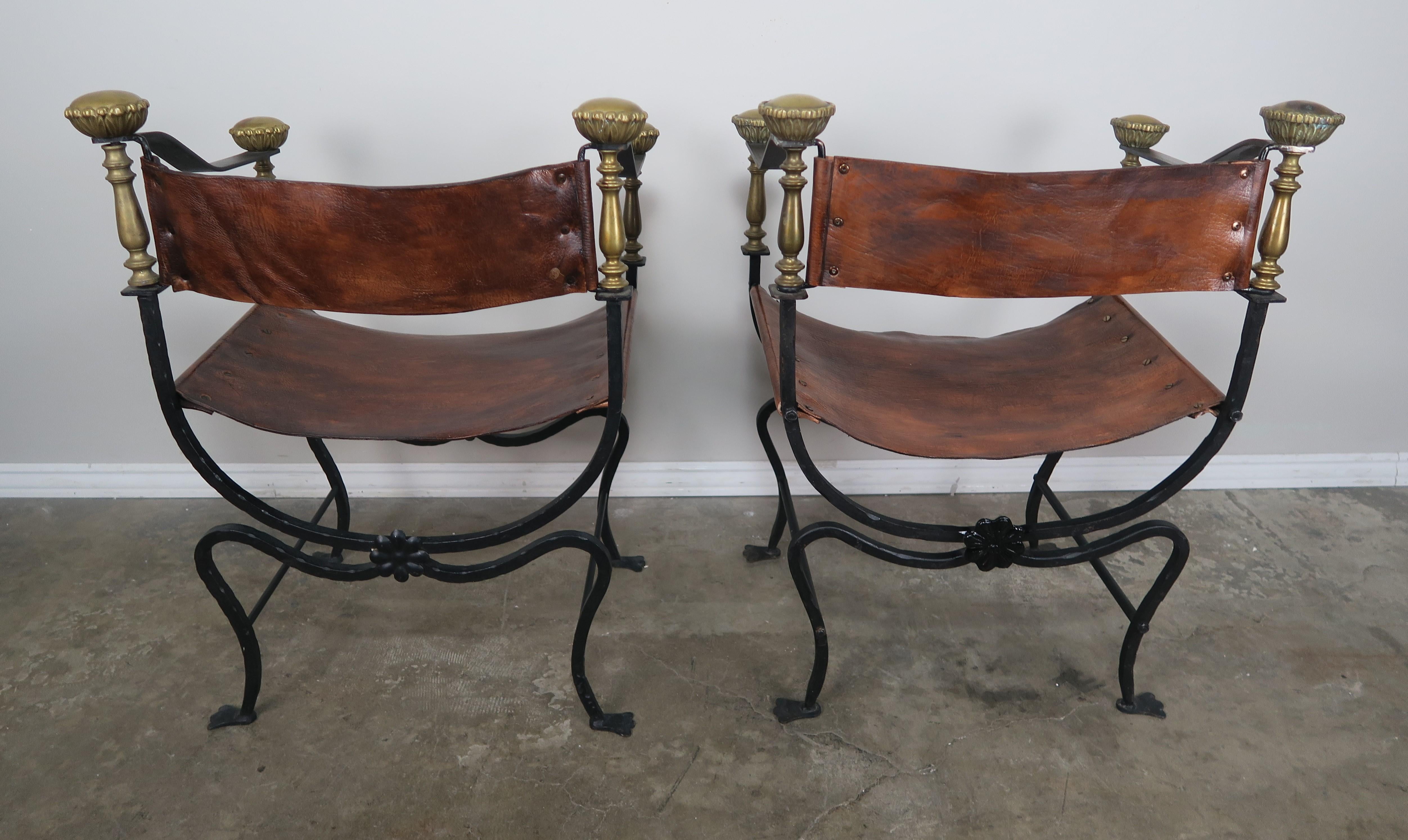 Pair of Bronze Wrought Iron and Leather Chairs In Distressed Condition In Los Angeles, CA