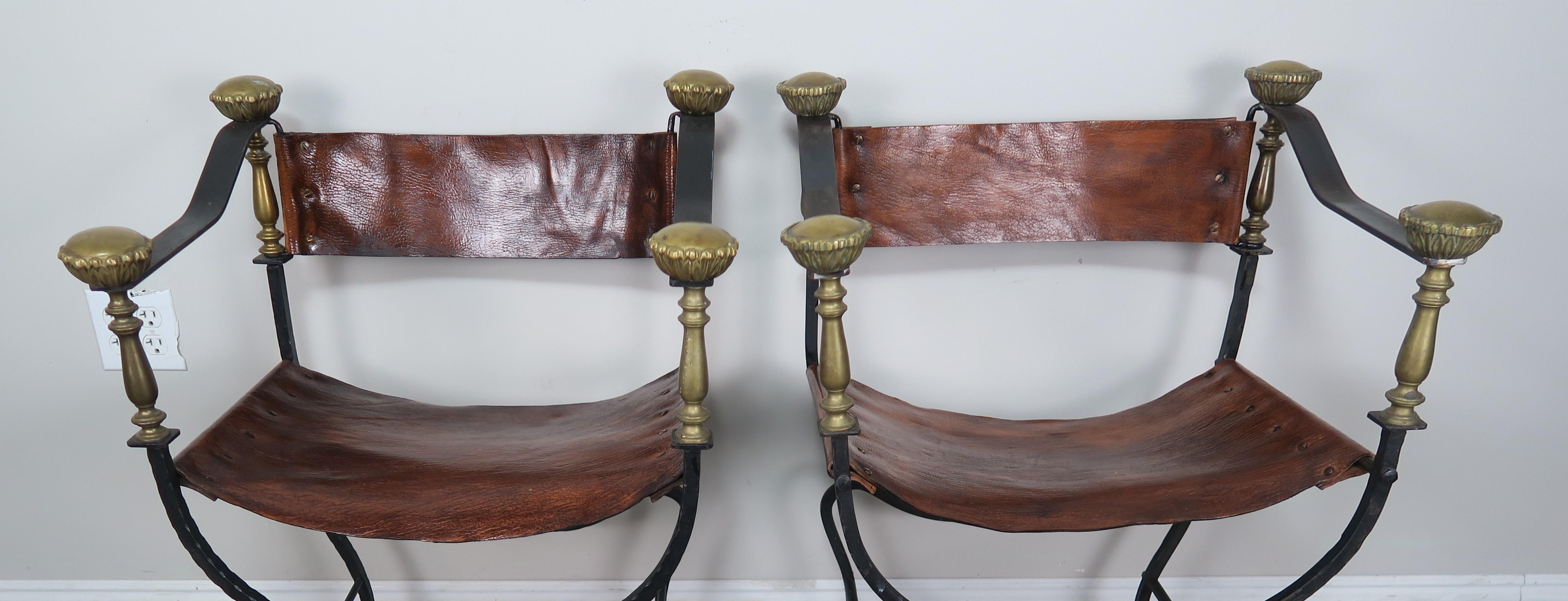 Early 20th Century Pair of Bronze Wrought Iron and Leather Chairs