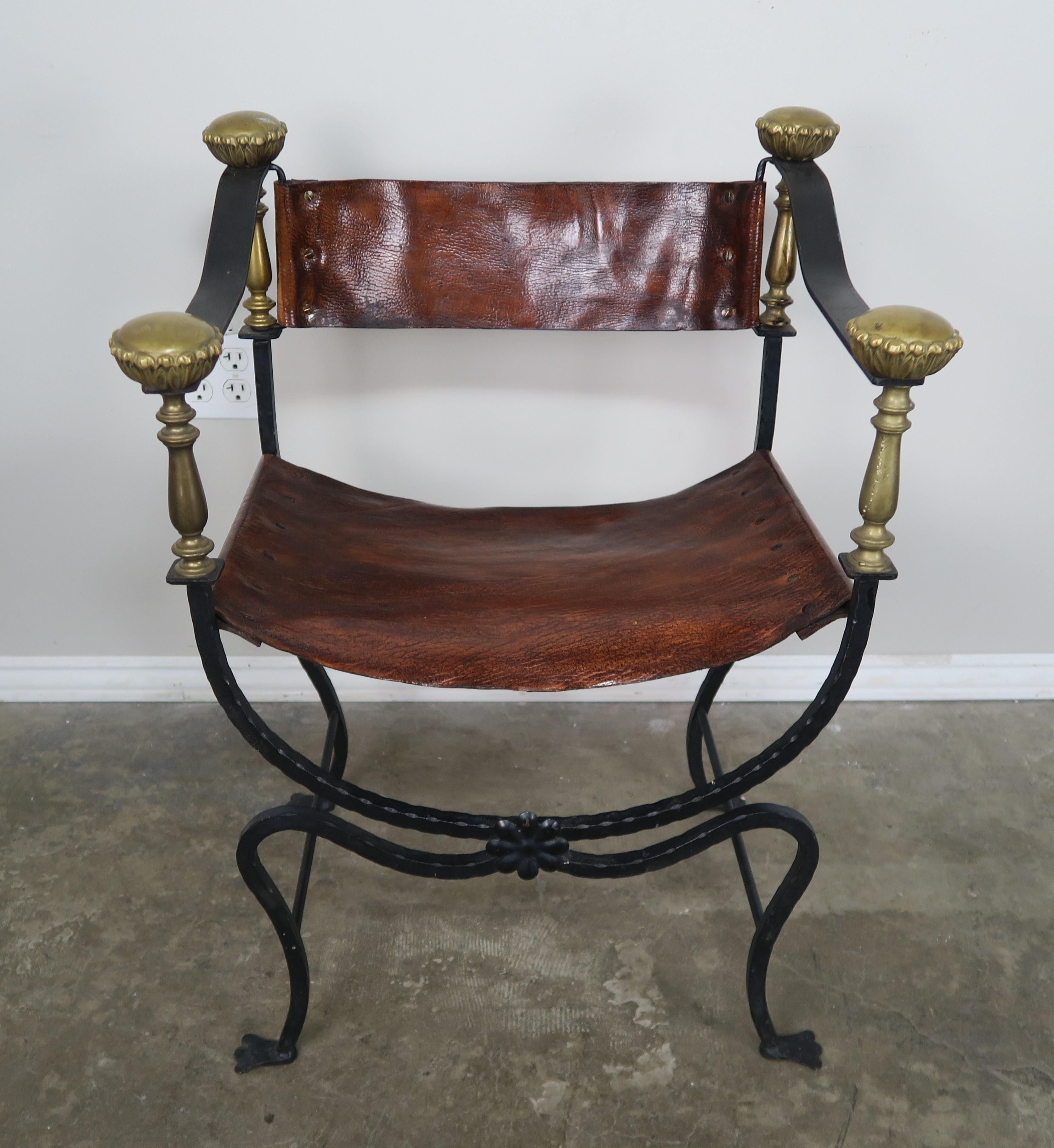 Pair of Bronze Wrought Iron and Leather Chairs 5