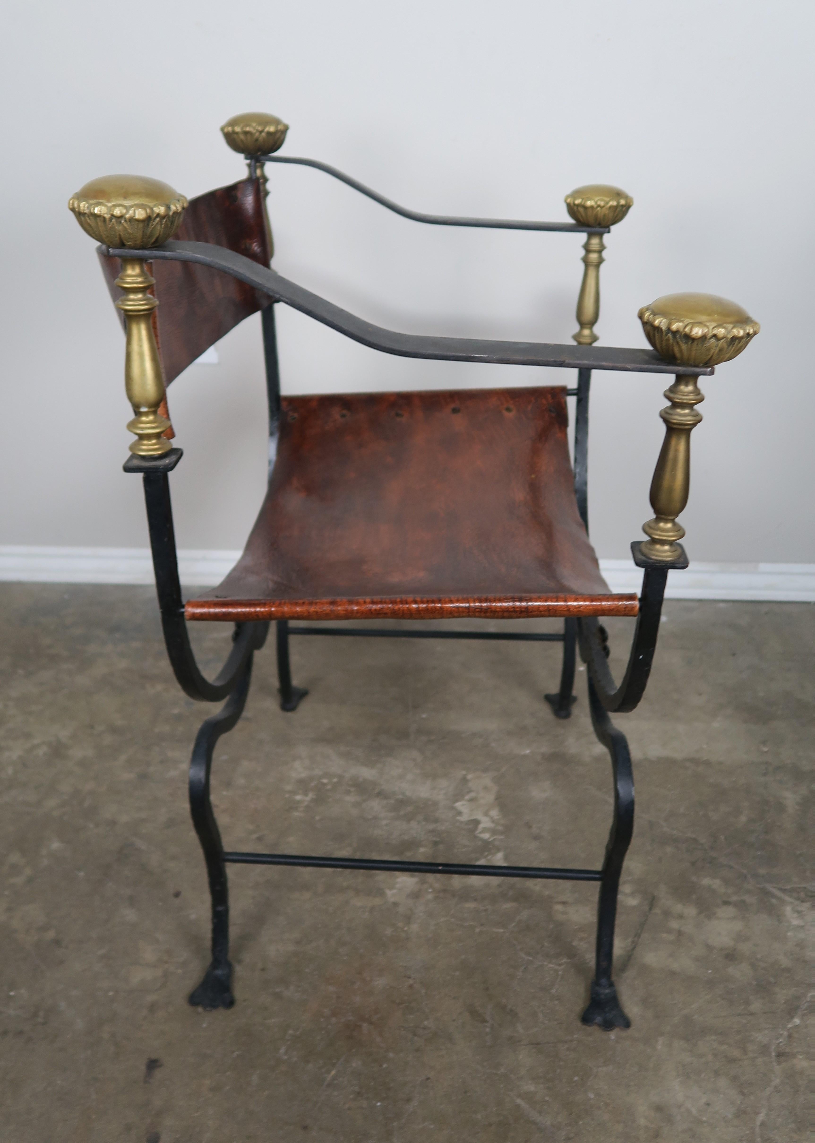 Pair of Bronze Wrought Iron and Leather Chairs 6