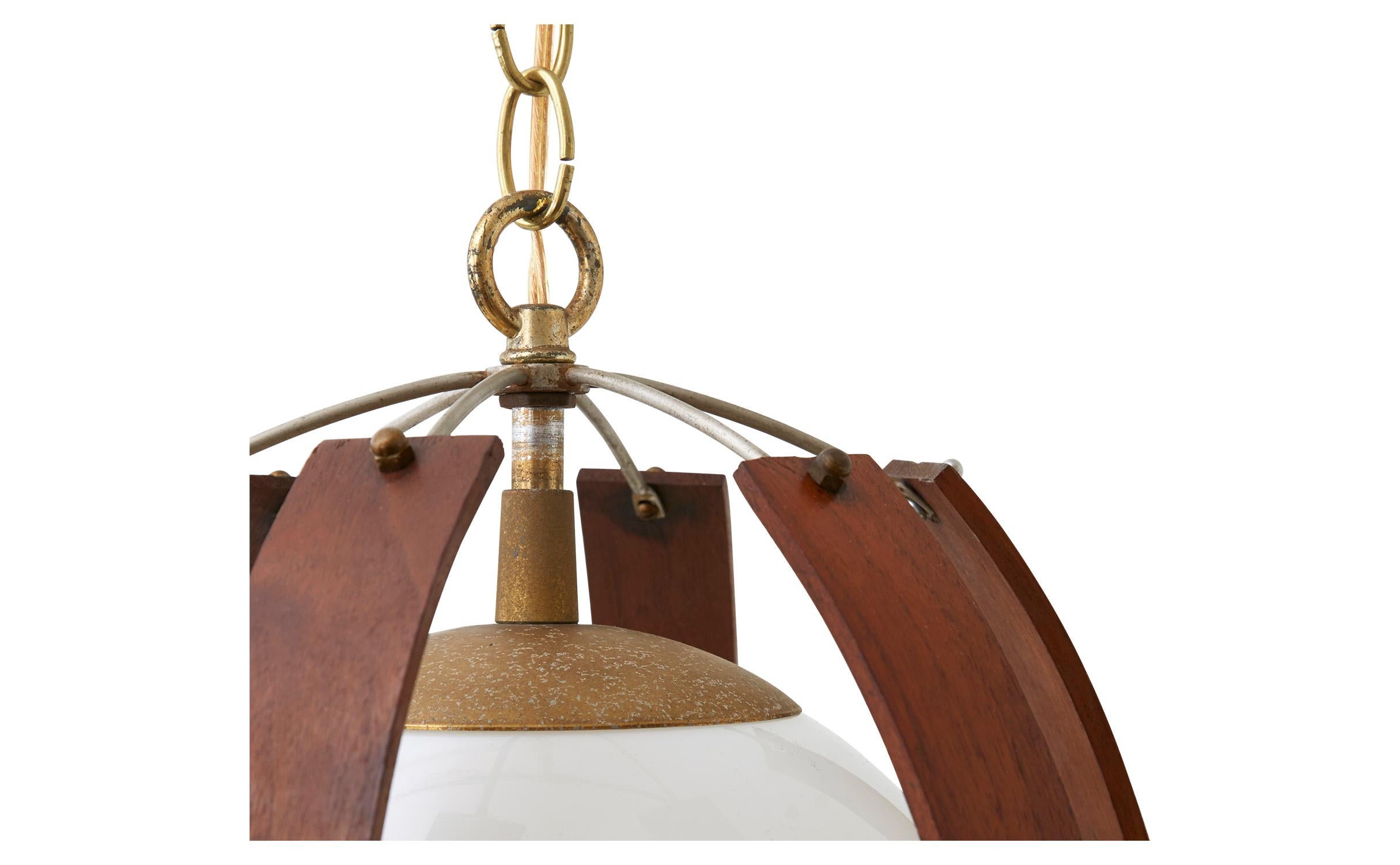 Mid-Century Modern Midcentury Bentwood and Brass Pendant with Milk Glass Globe