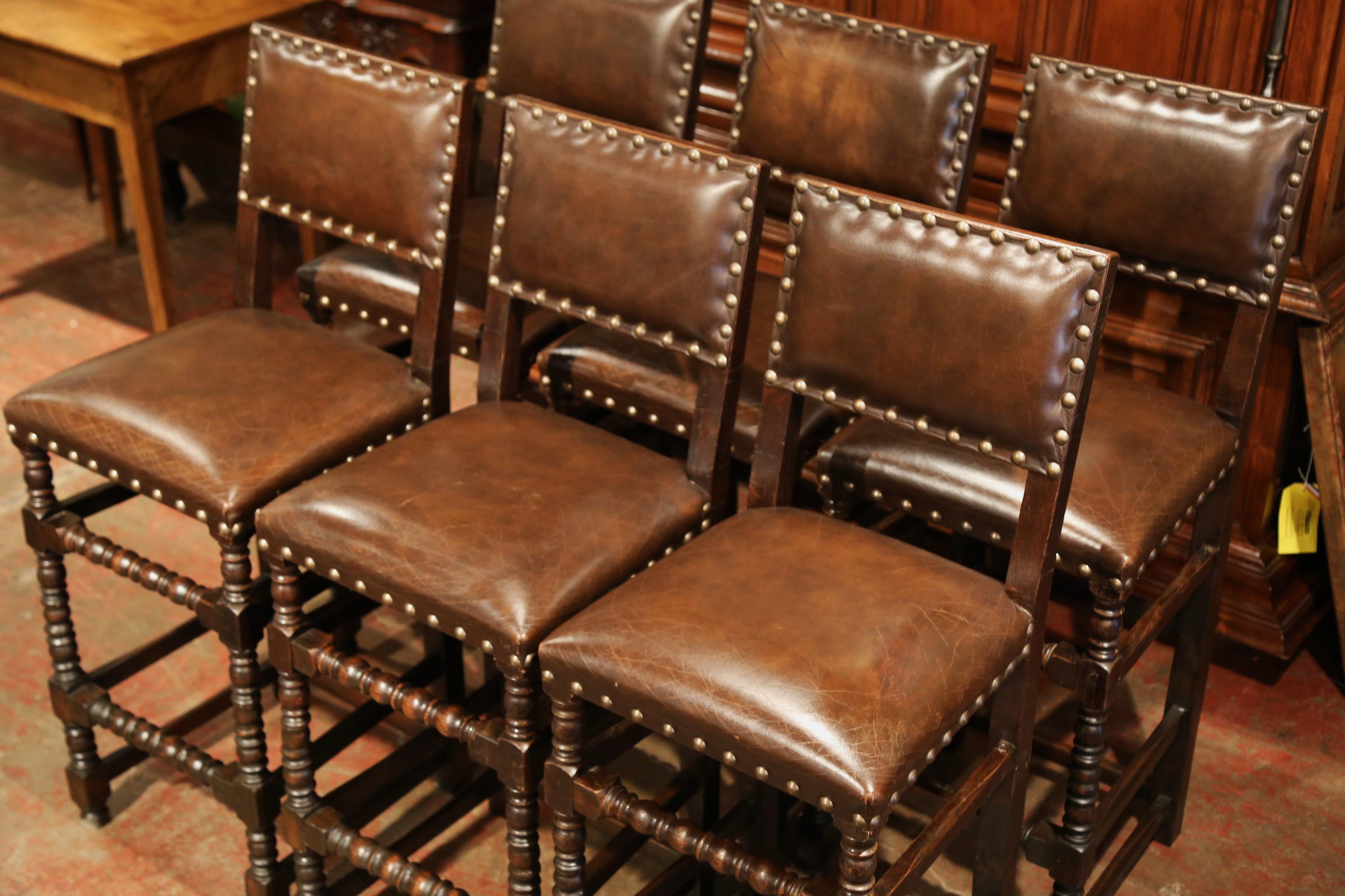 Hand-Carved 19th Century French Carved Oak Barstools Set with Back and Original Leather