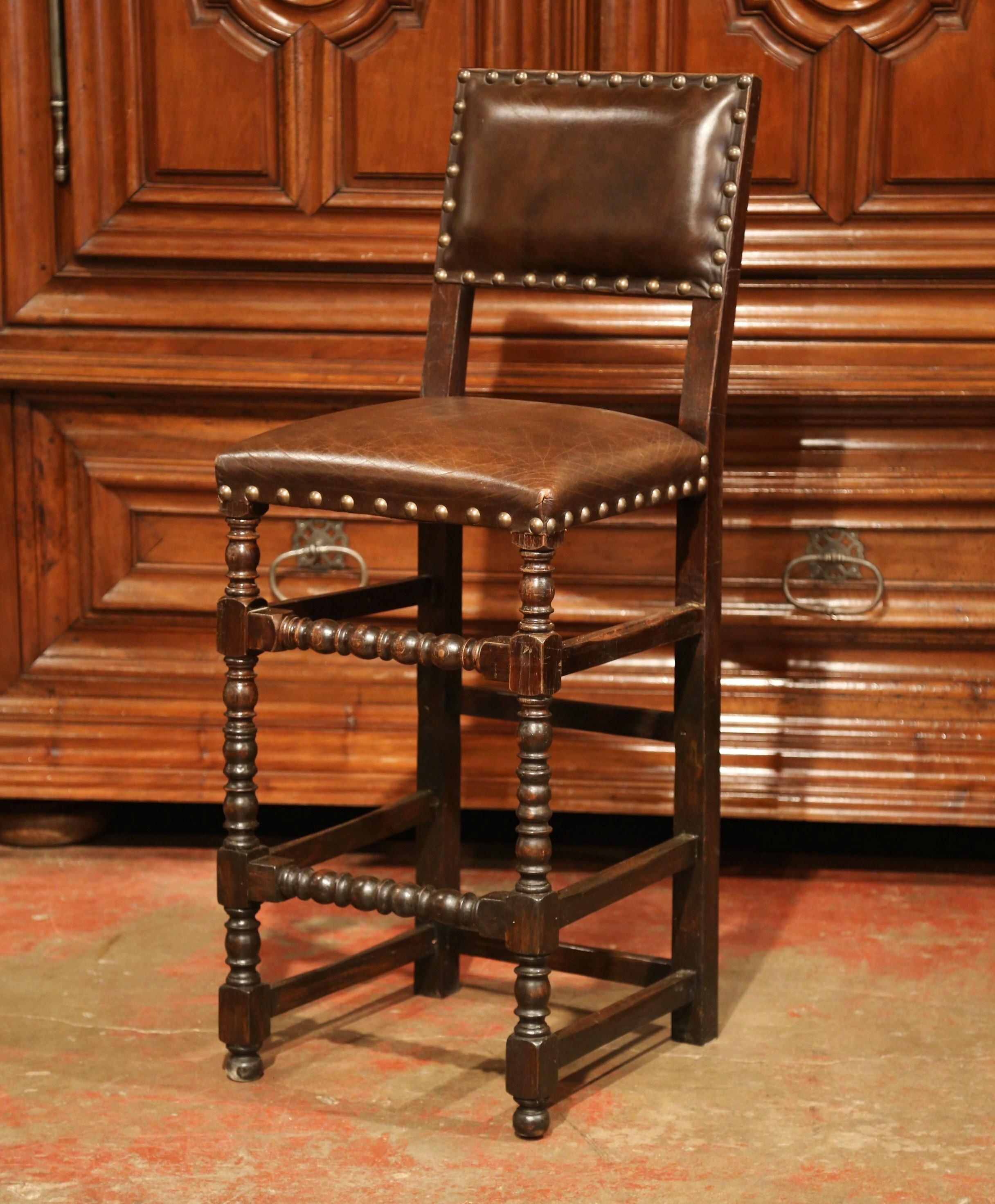 19th Century French Carved Oak Barstools Set with Back and Original Leather In Excellent Condition In Dallas, TX