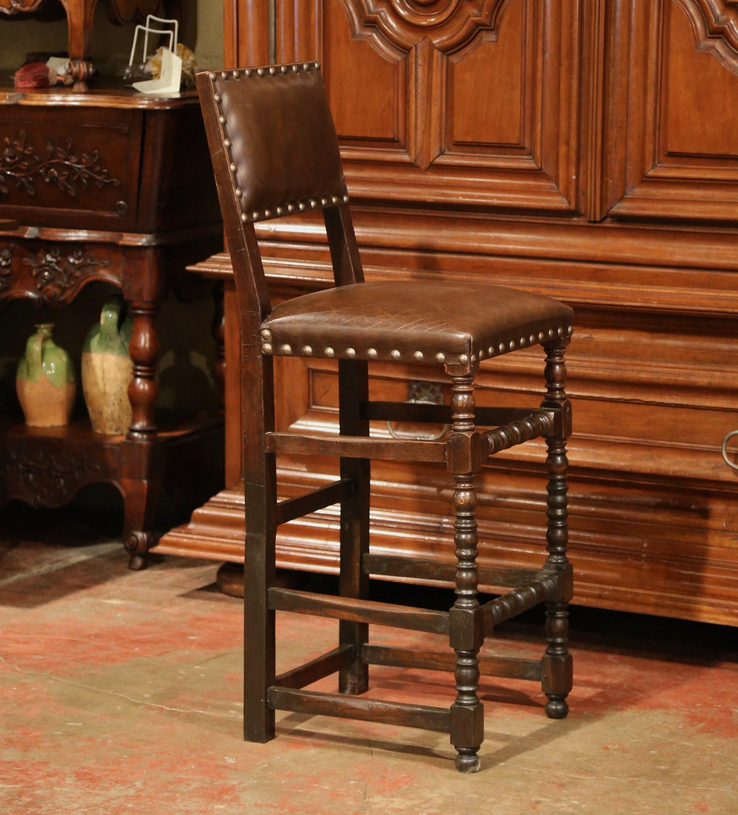 19th Century French Carved Oak Barstools Set with Back and Original Leather 1