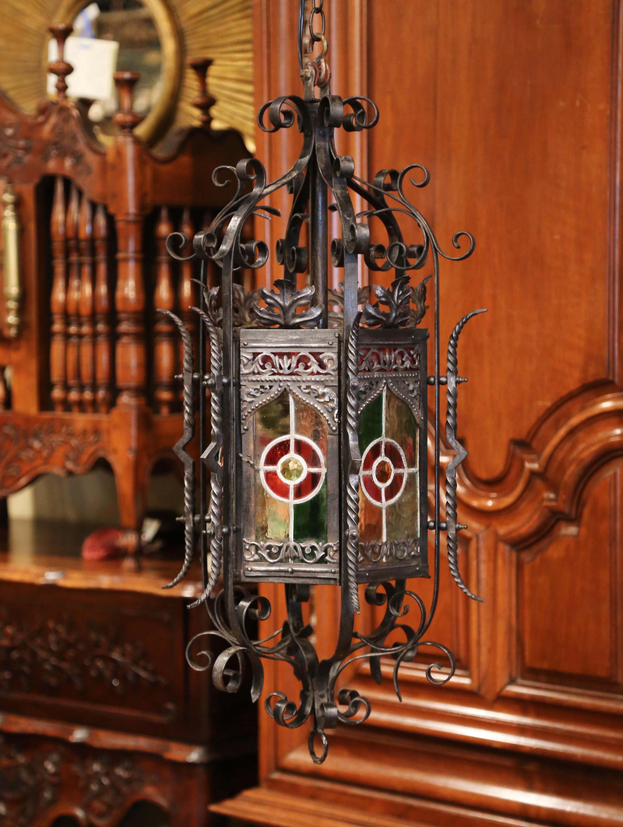 19th Century French Napoleon III Iron Hexagonal Lantern with Stain Glass Panels In Excellent Condition In Dallas, TX