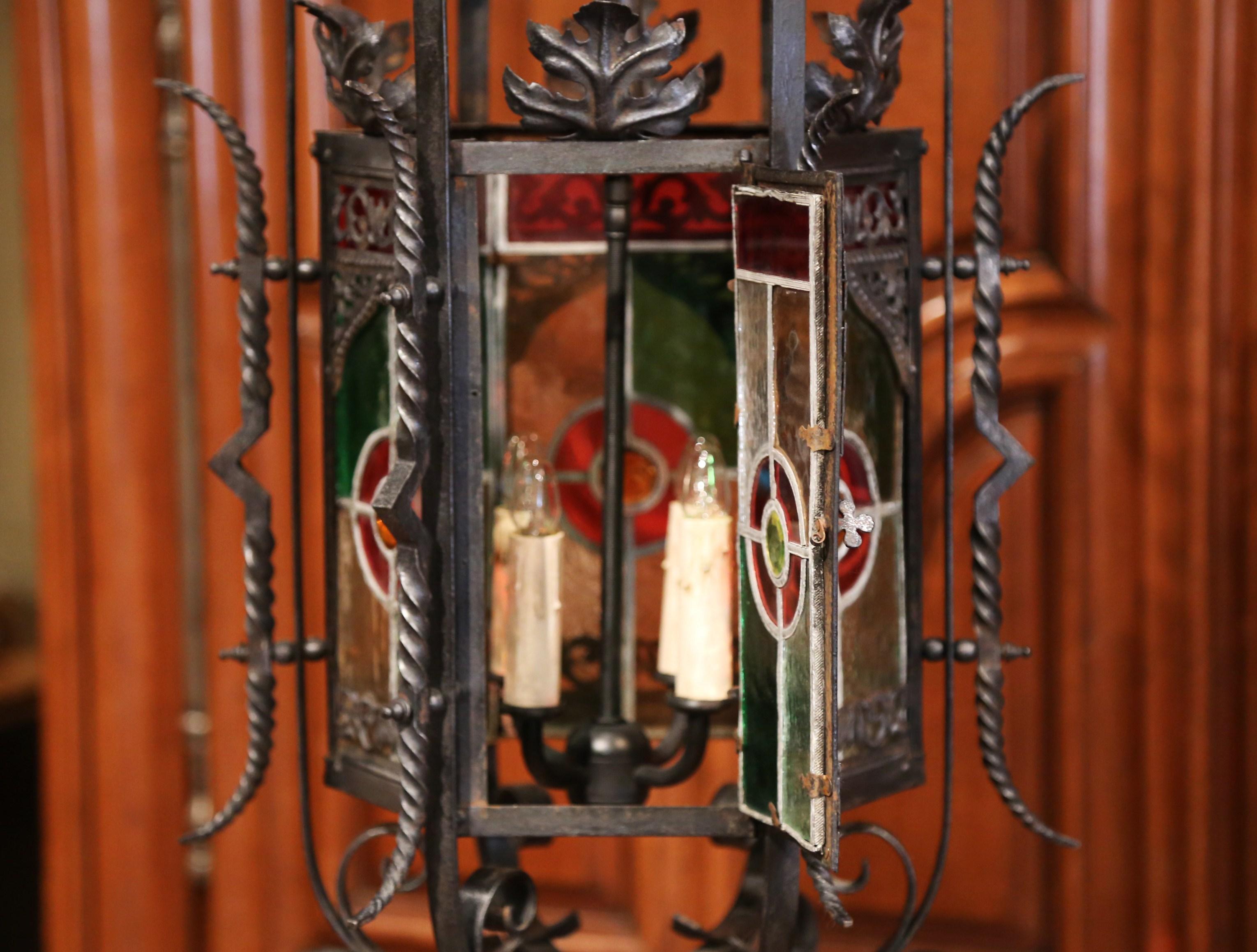 19th Century French Napoleon III Iron Hexagonal Lantern with Stain Glass Panels 2