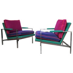  Flat Bar Chrome Steel Lounge Chairs by Milo Baughman