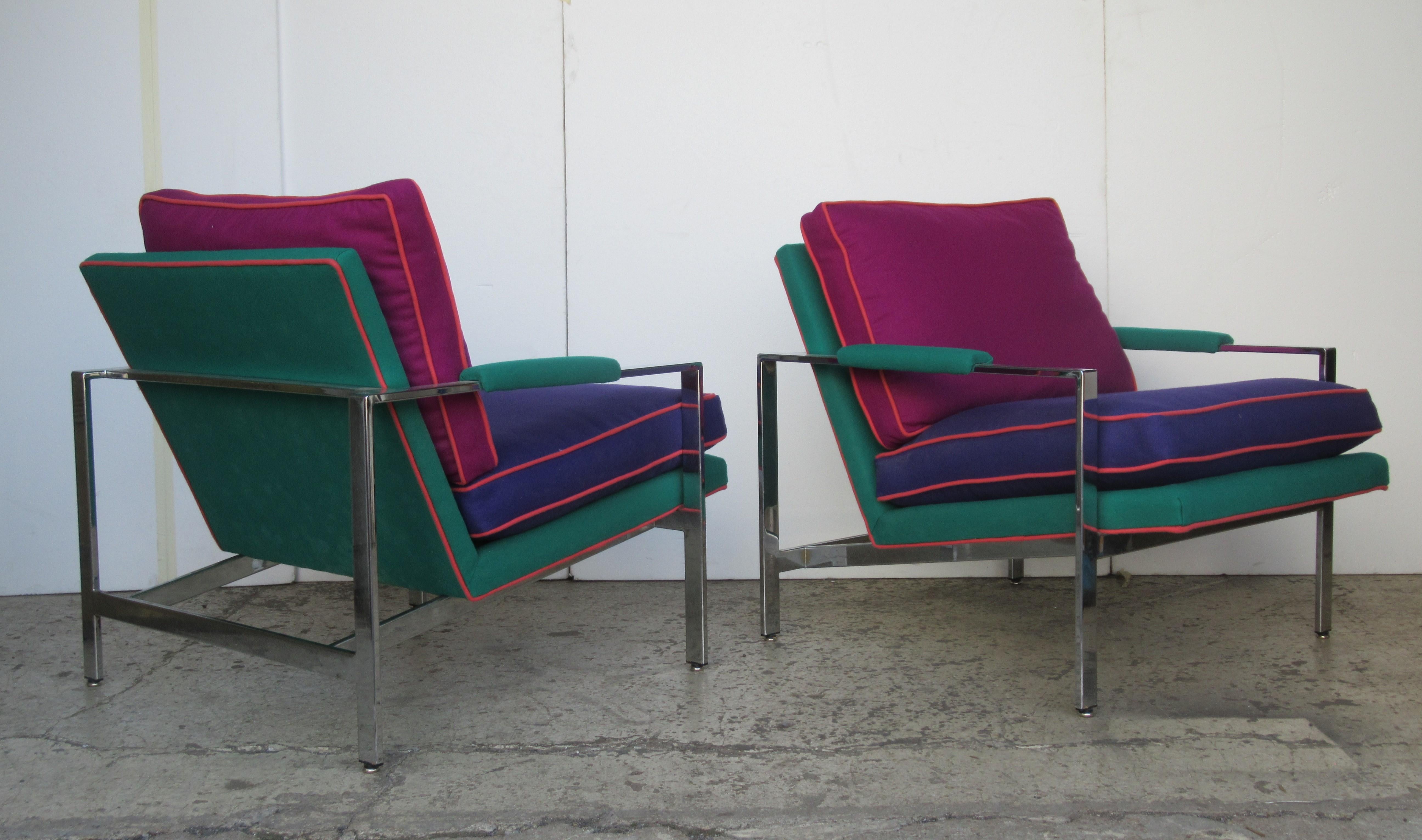American  Flat Bar Chrome Steel Lounge Chairs by Milo Baughman