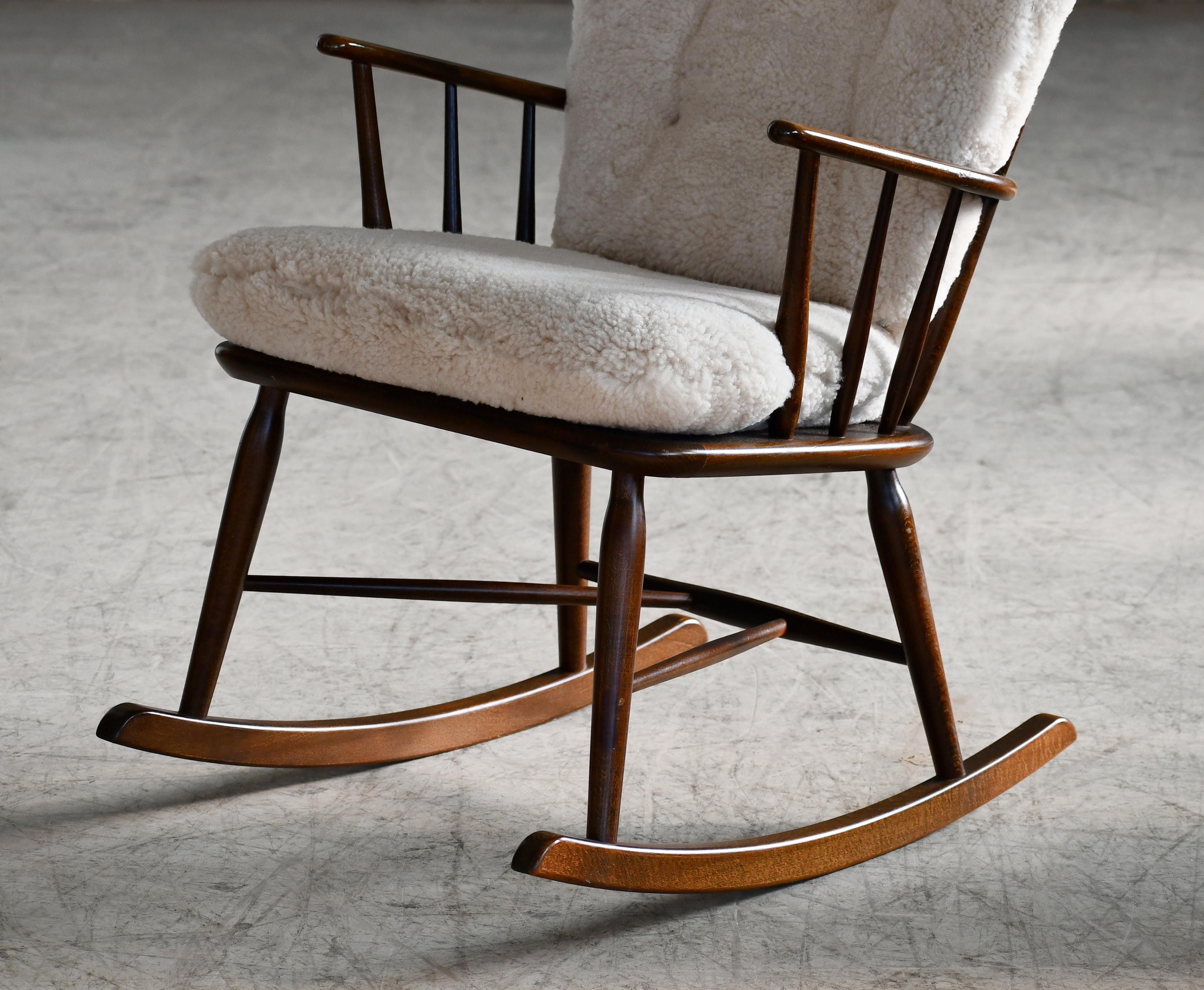 Faarstrup 1950 Low Backrest Spindle Back Rocking Chair with Shearling Cushions 2