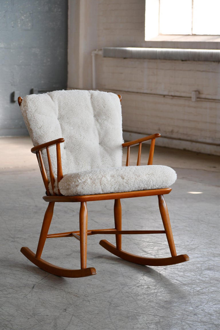 Faarstrup 1950 Low Backrest Spindle Back Rocking Chair with Shearling ...