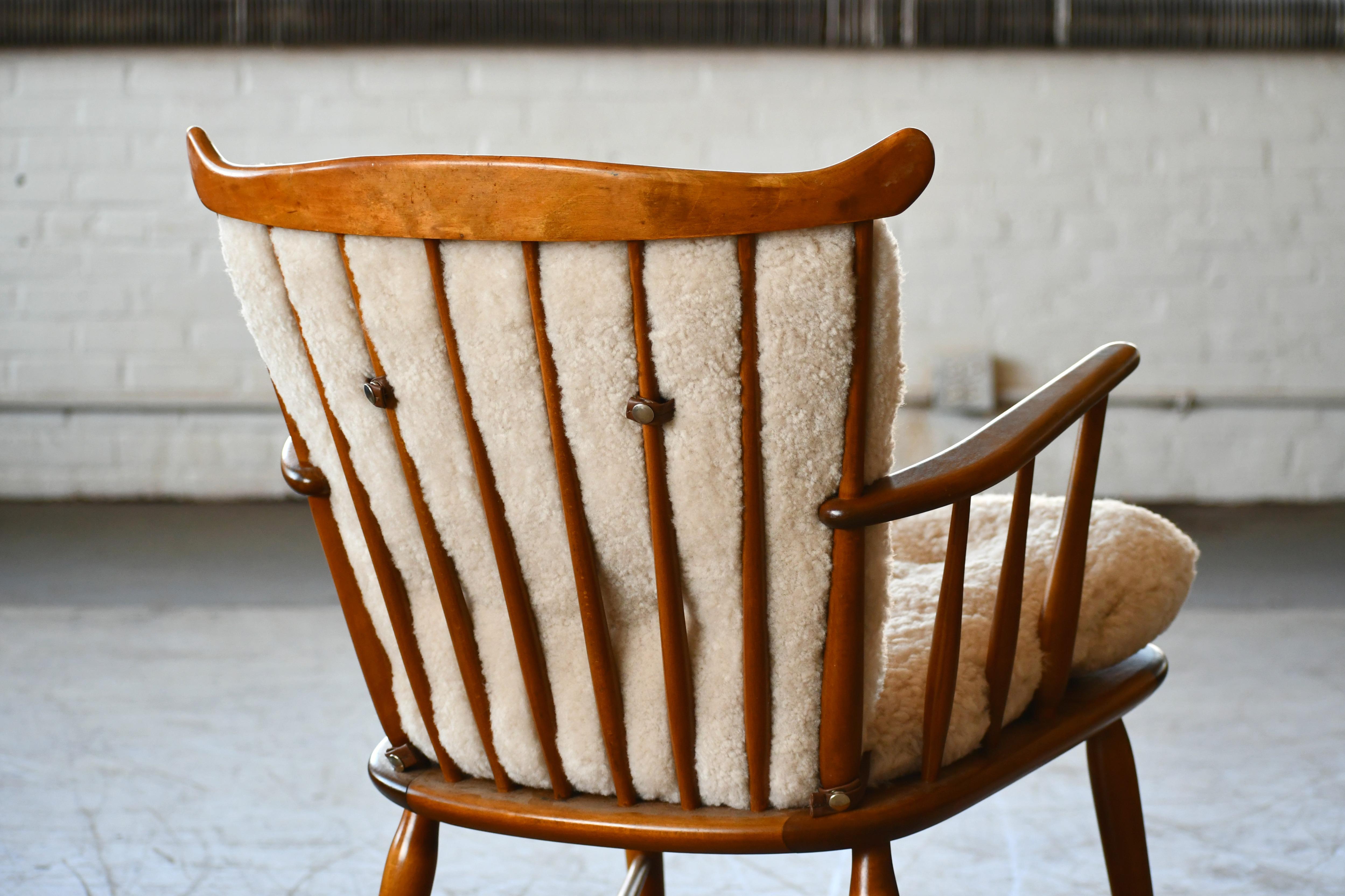 Teak Faarstrup 1950 Low Spindle Back Rocking Chair with Shearling Cushions