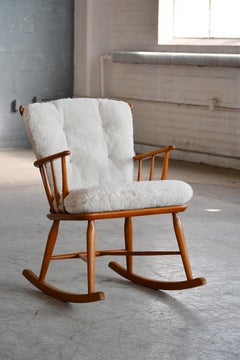Faarstrup 1950 Low Spindle Back Rocking Chair with Shearling Cushions
