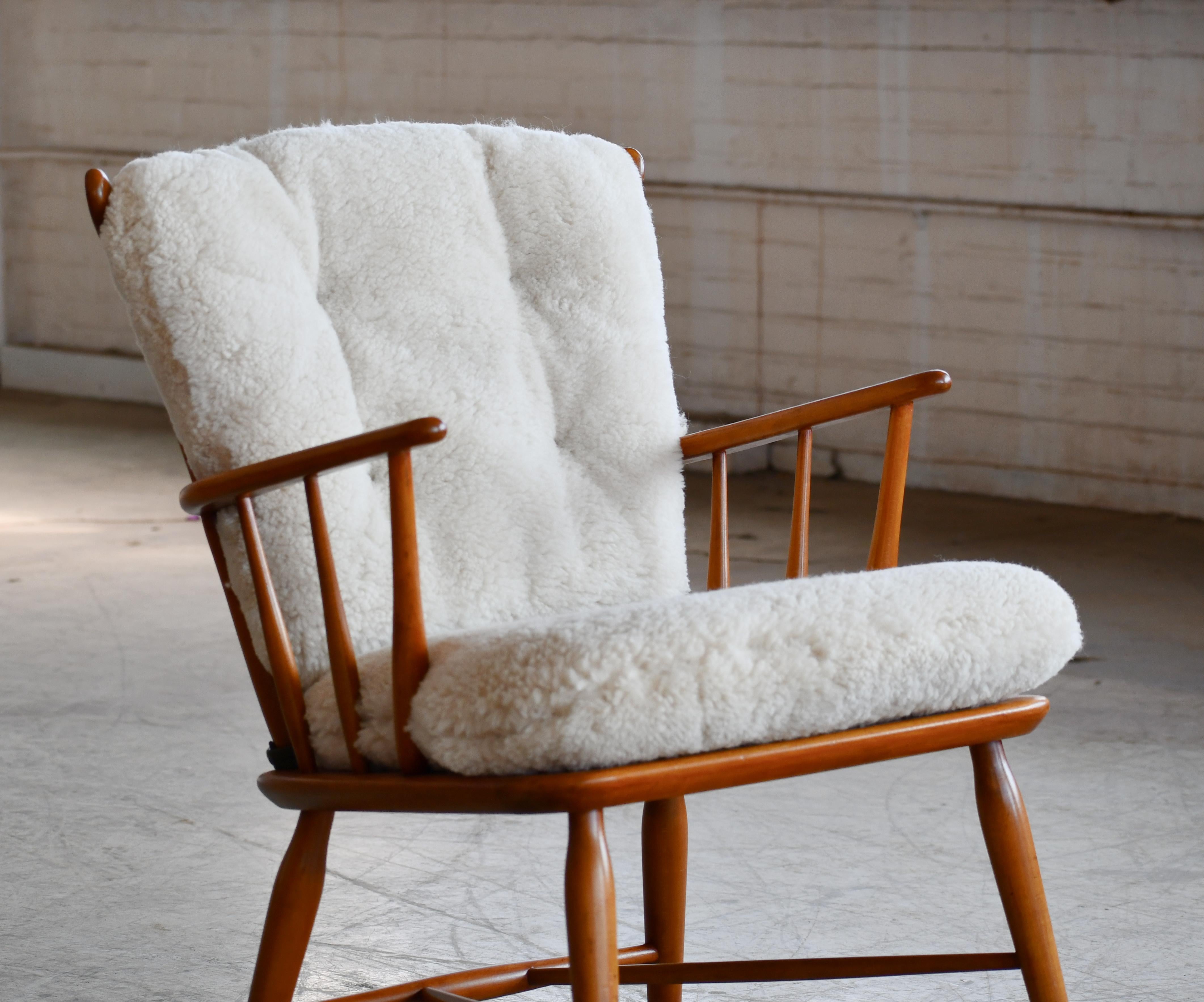 Mid-Century Modern Faarstrup 1950 Low Spindle Back Rocking Chair with Shearling Cushions