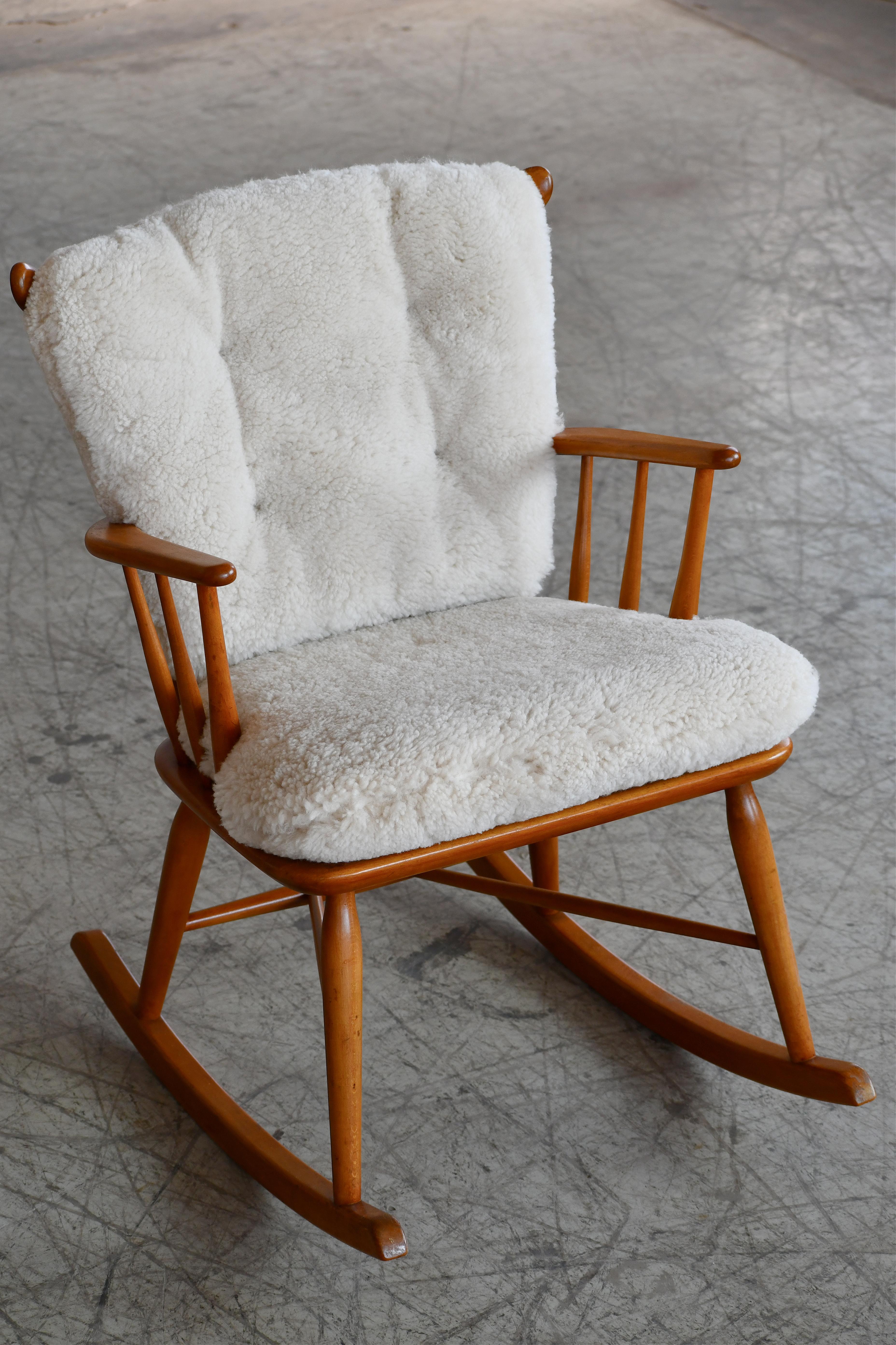 Faarstrup 1950 Low Spindle Back Rocking Chair with Shearling Cushions In Good Condition In Bridgeport, CT