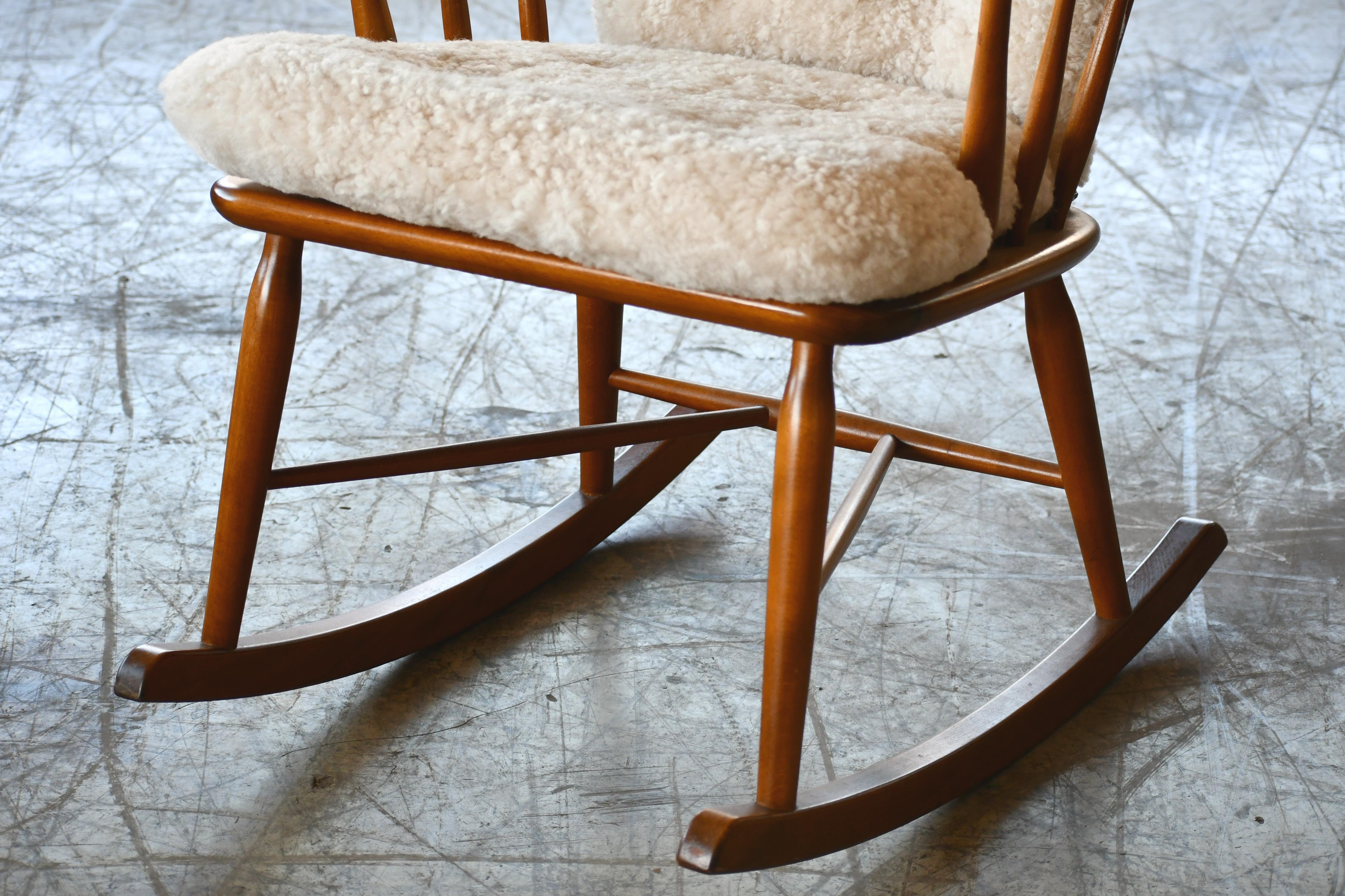 Mid-Century Modern Faarstrup 1950 Low Spindle Back Rocking Chair with Shearling Cushions