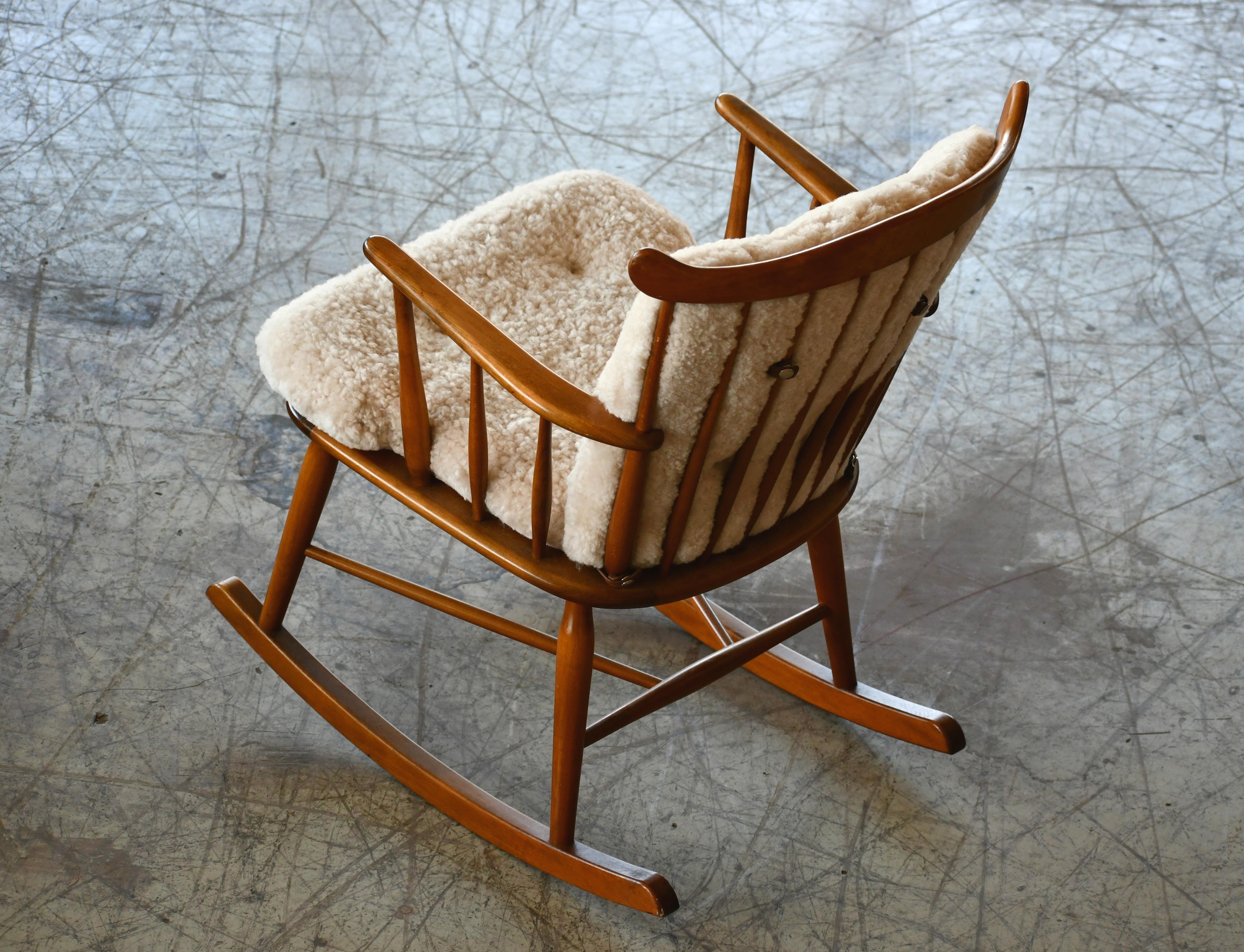 Mid-20th Century Faarstrup 1950 Low Spindle Back Rocking Chair with Shearling Cushions