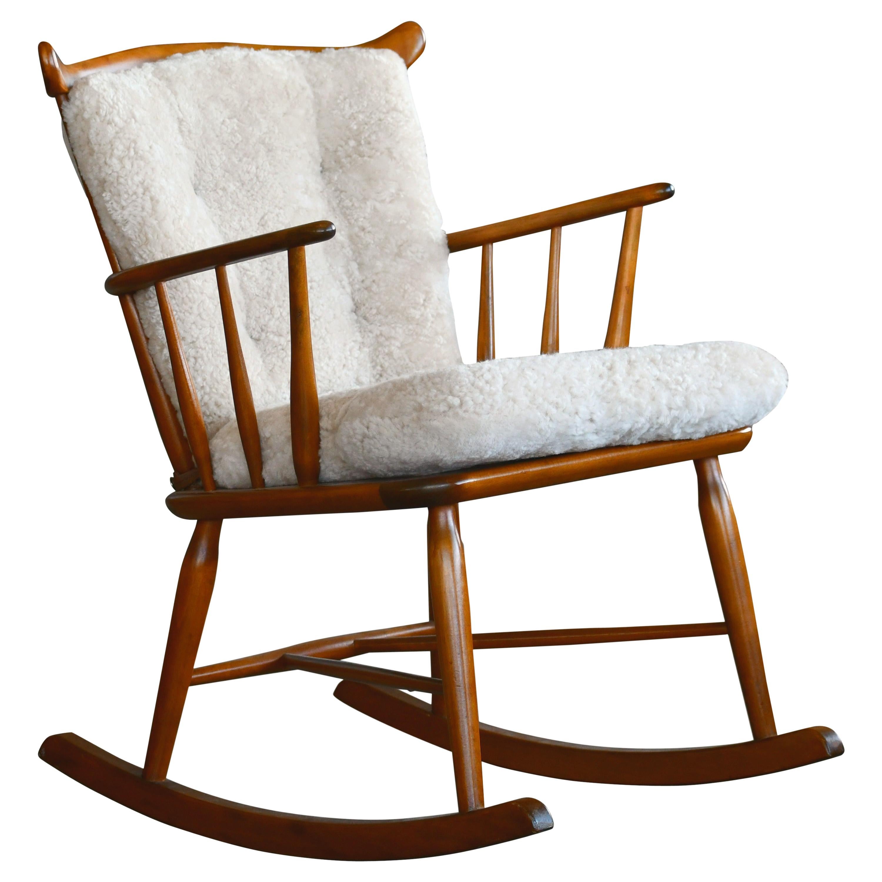 Faarstrup 1950 Low Spindle Back Rocking Chair with Shearling Cushions