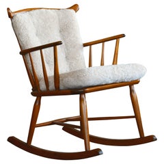 Used Faarstrup 1950 Low Spindle Back Rocking Chair with Shearling Cushions