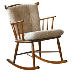 Used Faarstrup 1950 Low Spindle Back Rocking Chair with Shearling Cushions