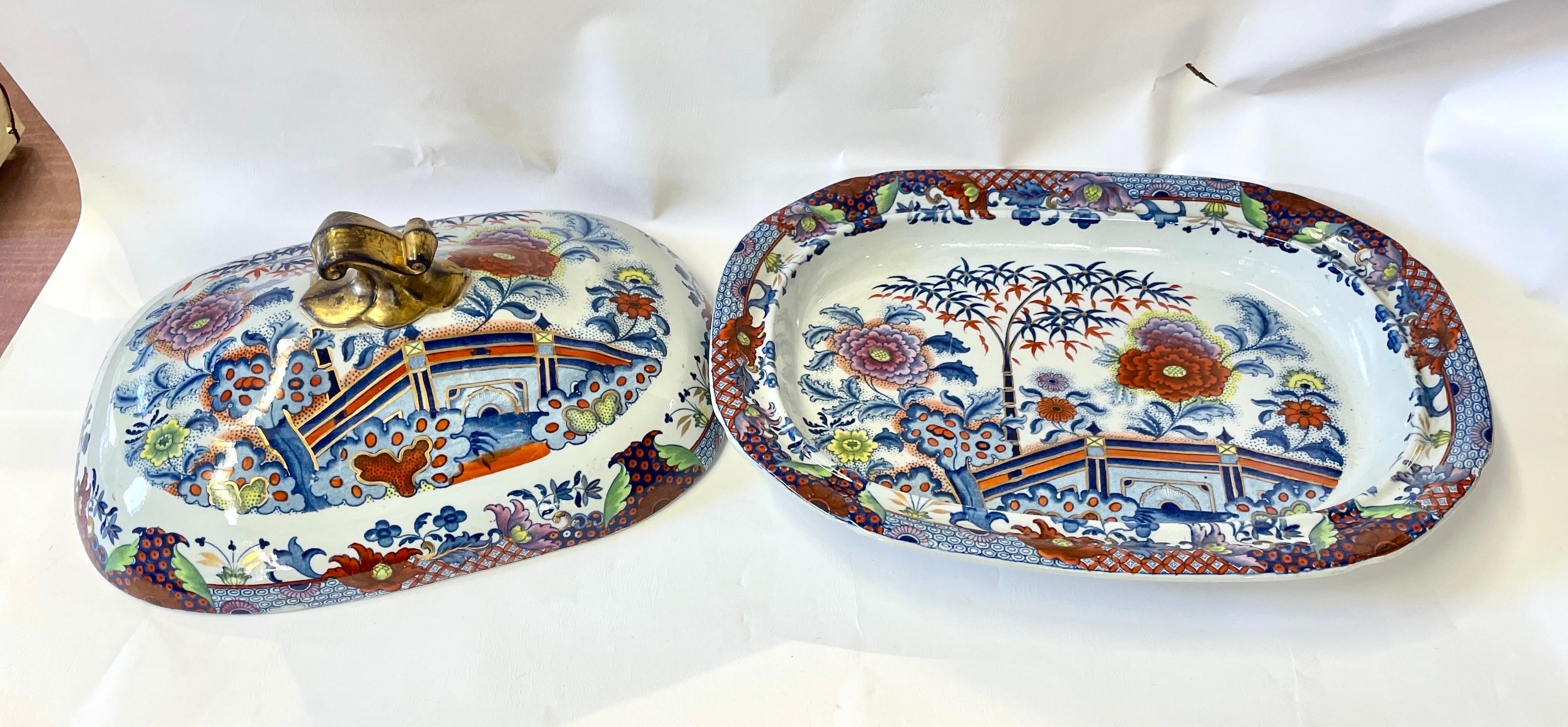 Hand-Painted Fab, Antique English Davenport Ironstone Chinoiserie Pattern Covd, Veg, Tureen For Sale