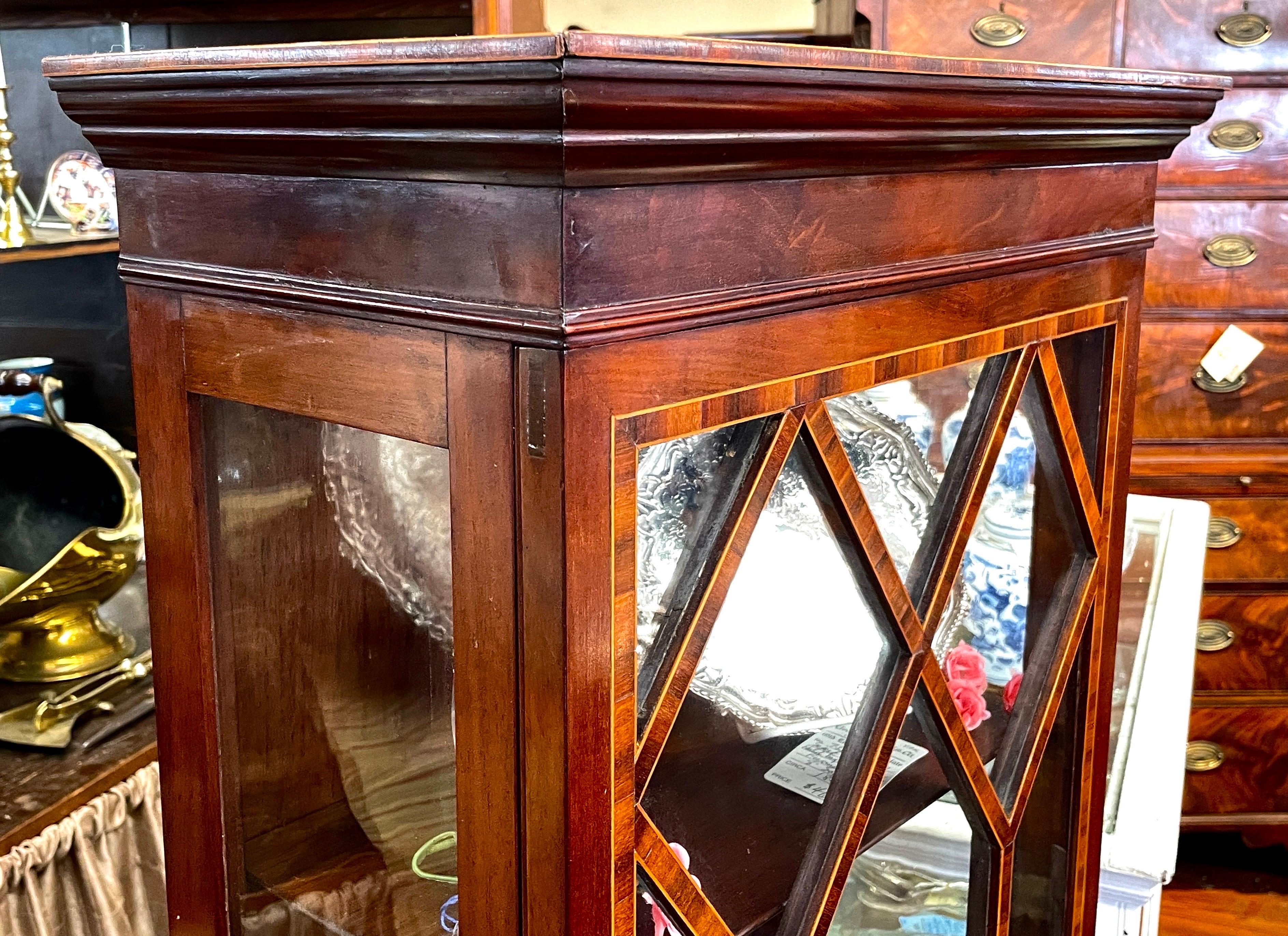 Mahogany Fab. Antique English Marquetry Inlaid Mahog. Hepp. Style Small Display Cabinet For Sale