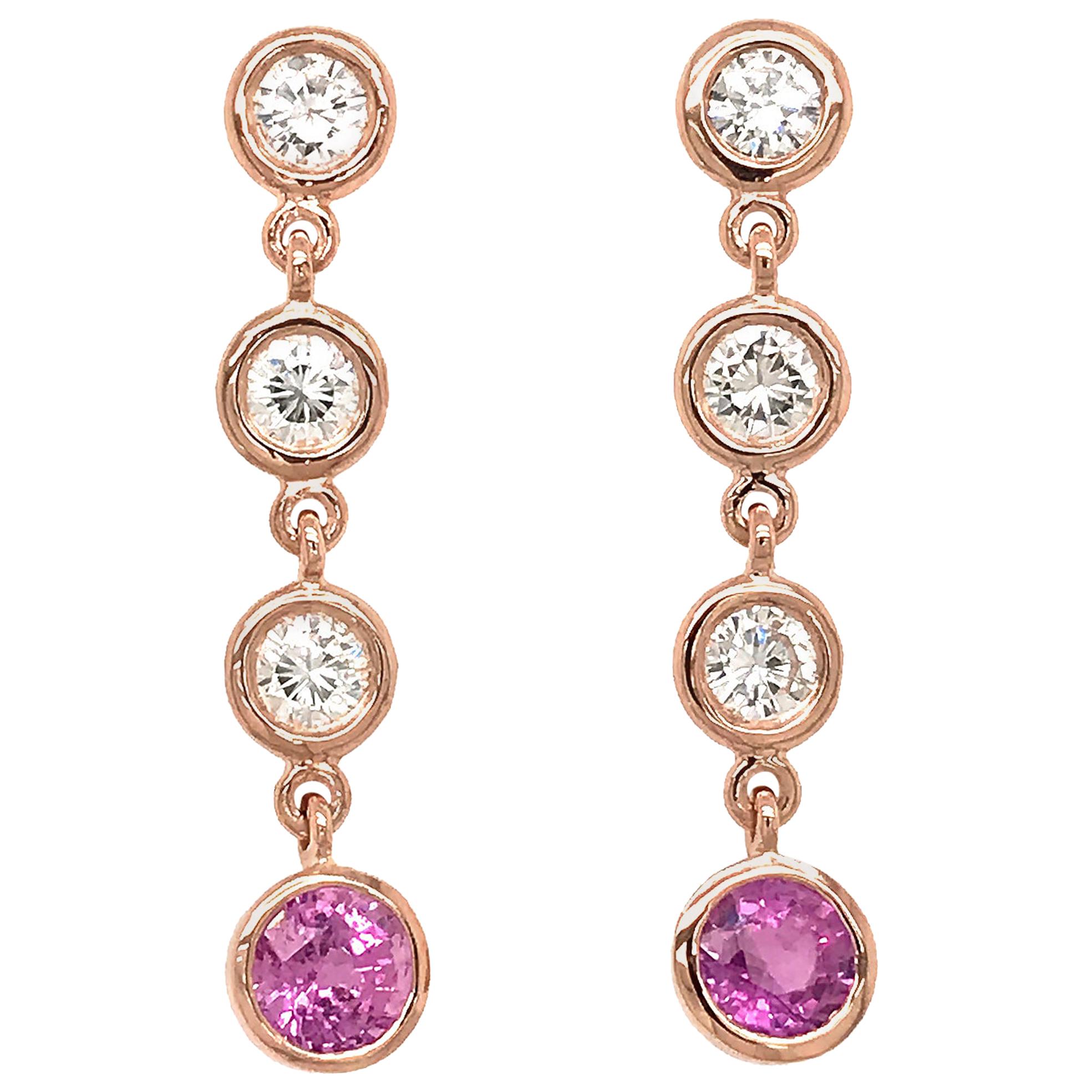 Fab Drops 14 Karat Pink Gold Diamond and Pink Sapphire Drop Earrings For Sale