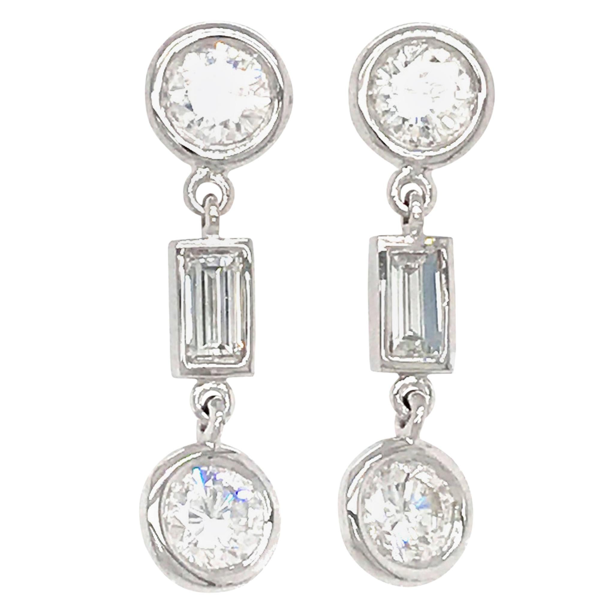 Fab Drops 14 Karat White Gold Baguettes and Round Diamond Drop Earrings For Sale