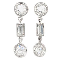 Fab Drops 14 Karat White Gold Baguettes and Round Diamond Drop Earrings