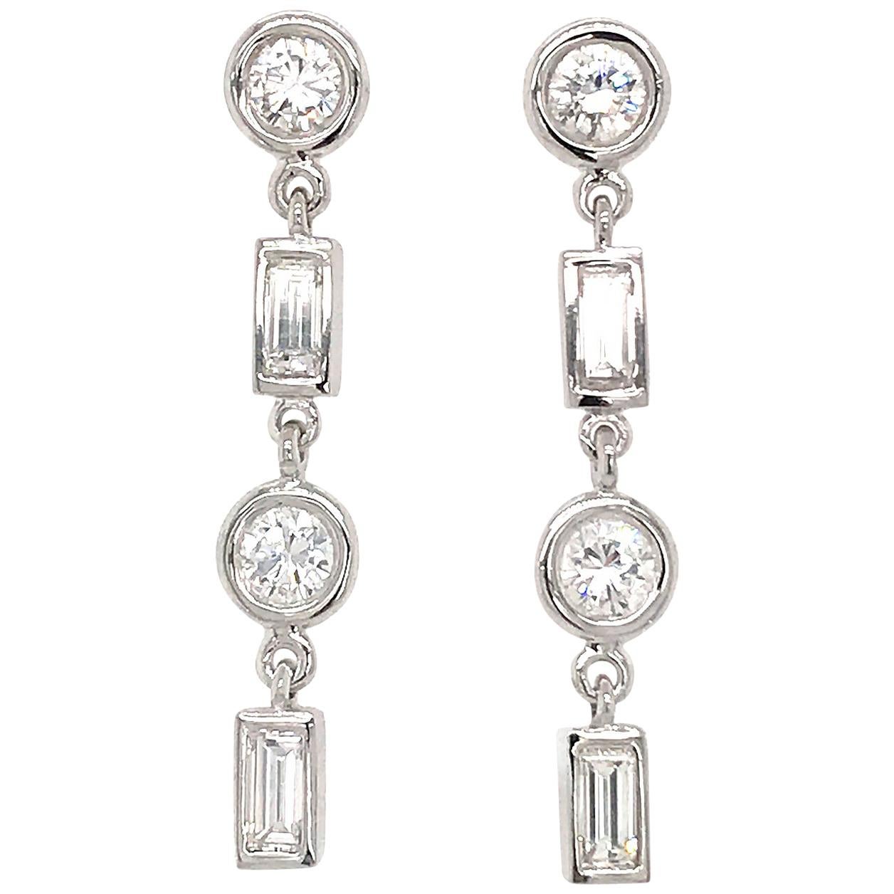 Fab Drops 14 Karat White Gold Round and Baguettes Diamond Drop Earrings For Sale