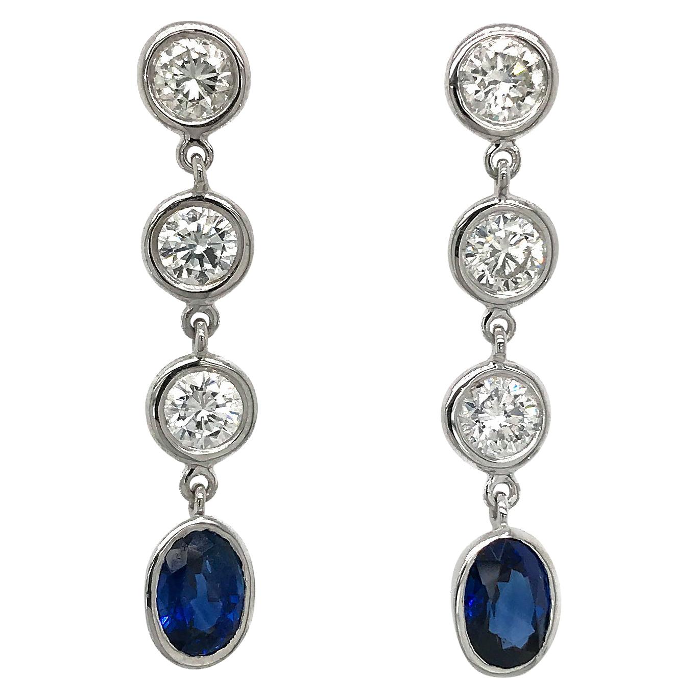 Fab Drops 14 Karat White Gold Round Diamond and Sapphire Drop Earrings For Sale