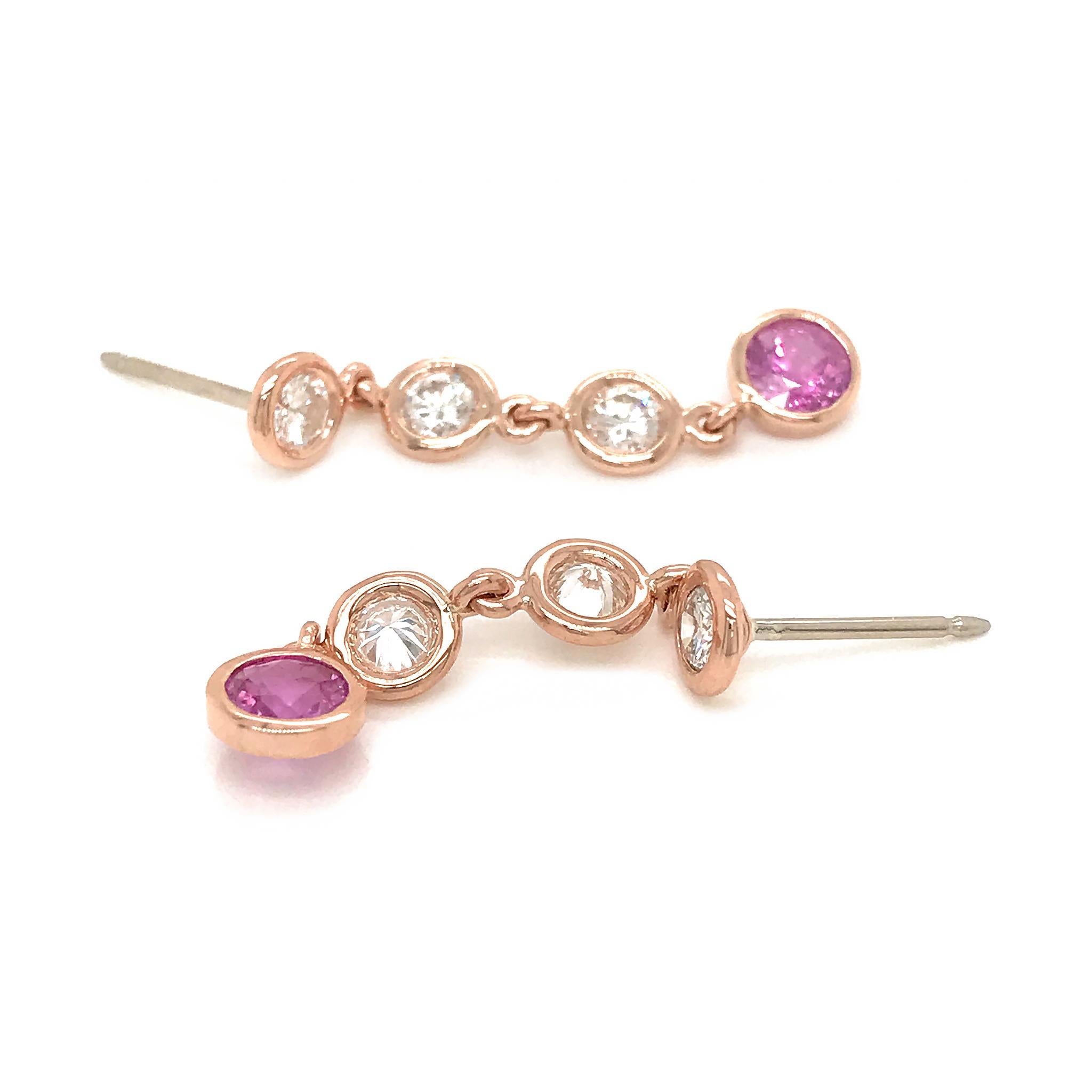 Round Cut Fab Drops 14 Karat Pink Gold Diamond and Pink Sapphire Drop Earrings For Sale