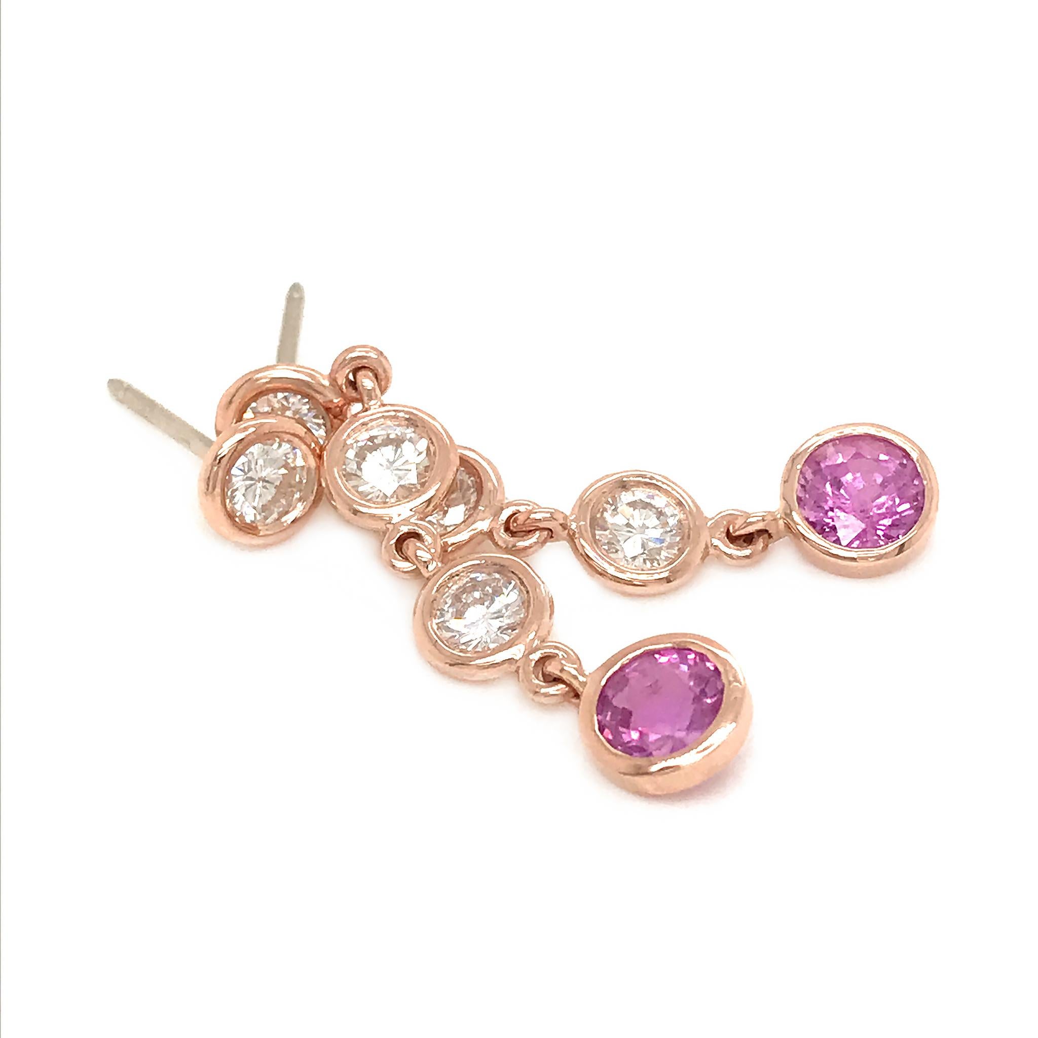 Fab Drops 14 Karat Pink Gold Diamond and Pink Sapphire Drop Earrings In New Condition For Sale In New York, NY