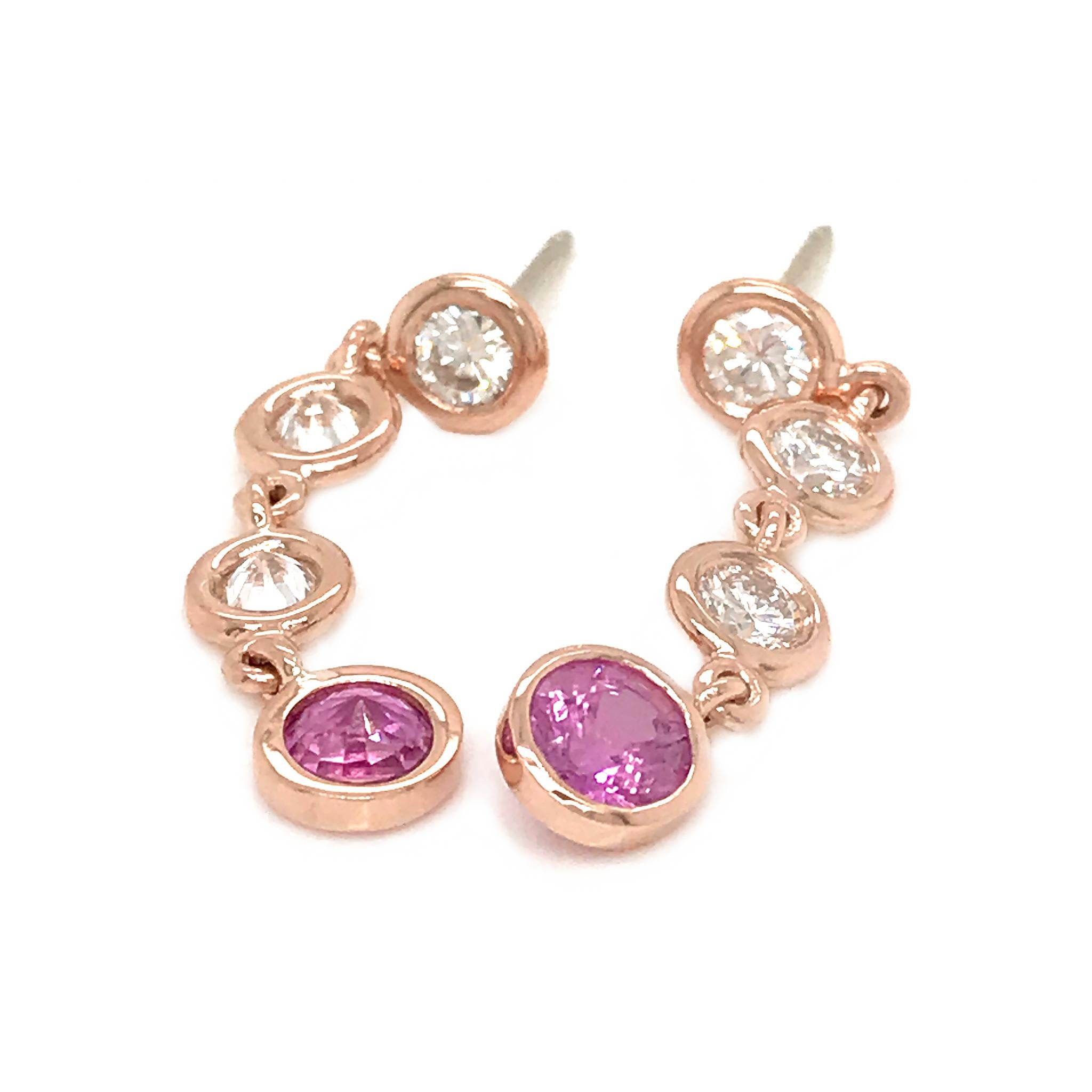 Women's Fab Drops 14 Karat Pink Gold Diamond and Pink Sapphire Drop Earrings For Sale