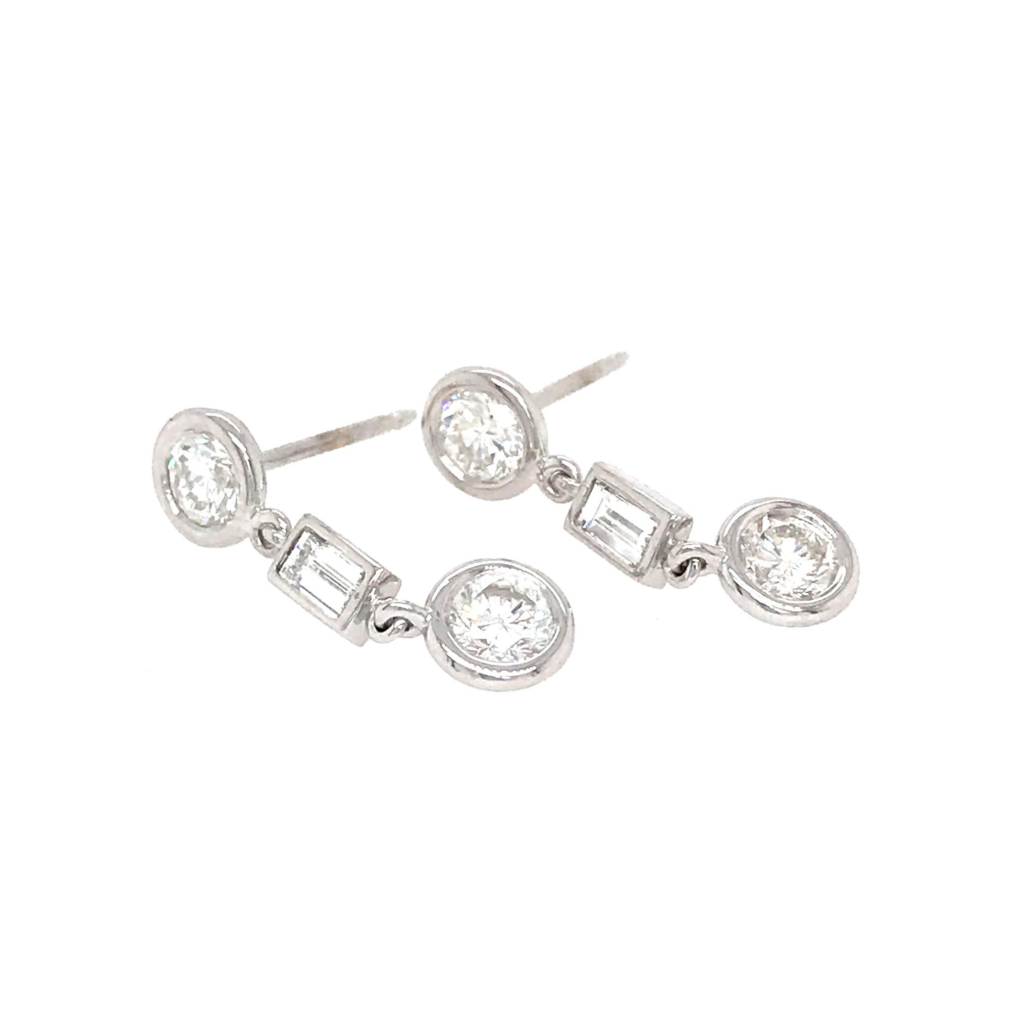 Round Cut Fab Drops 14 Karat White Gold Baguettes and Round Diamond Drop Earrings For Sale