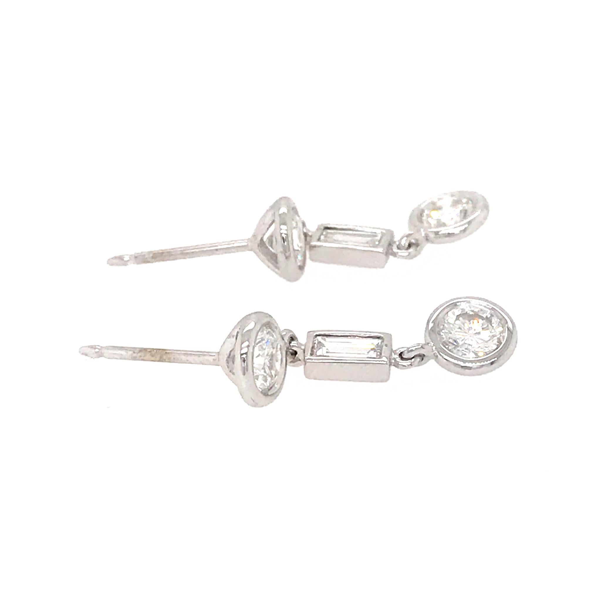 Fab Drops 14 Karat White Gold Baguettes and Round Diamond Drop Earrings In New Condition For Sale In New York, NY